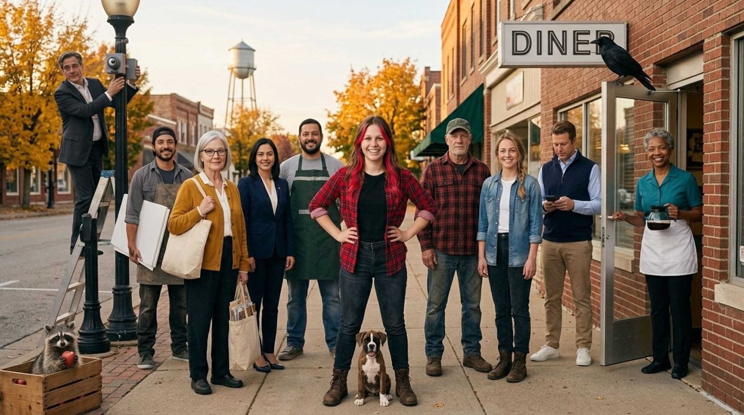 The neighbors of Maple Hollow on Main Street, outside the diner