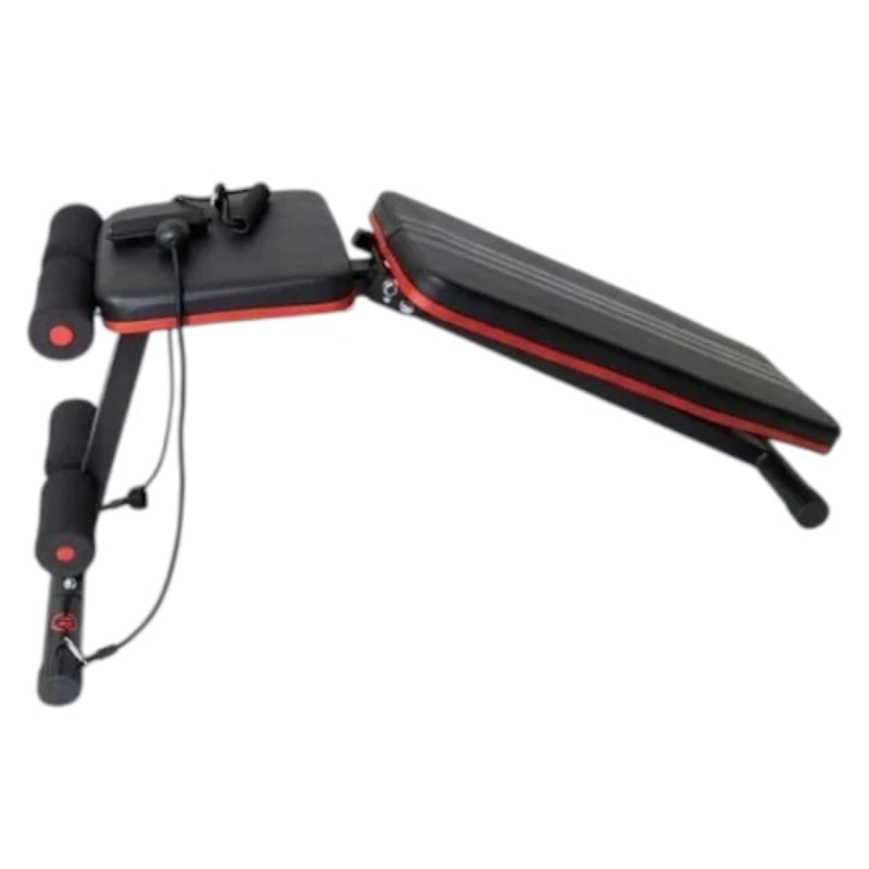Person using Apex weight bench with resistance bands