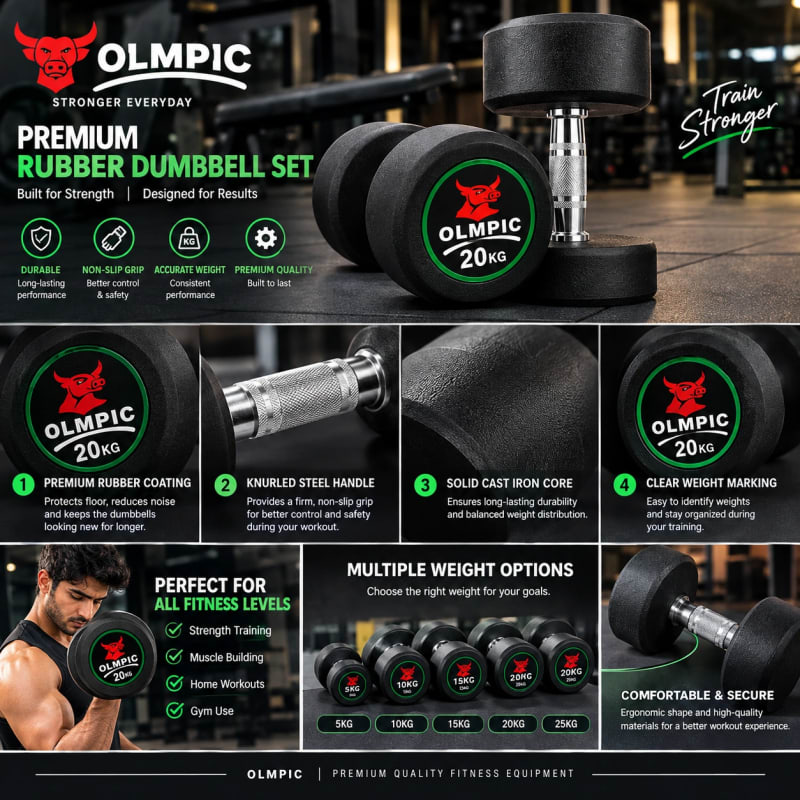 Olympic rubber coated dumbbells grip and handle detail
