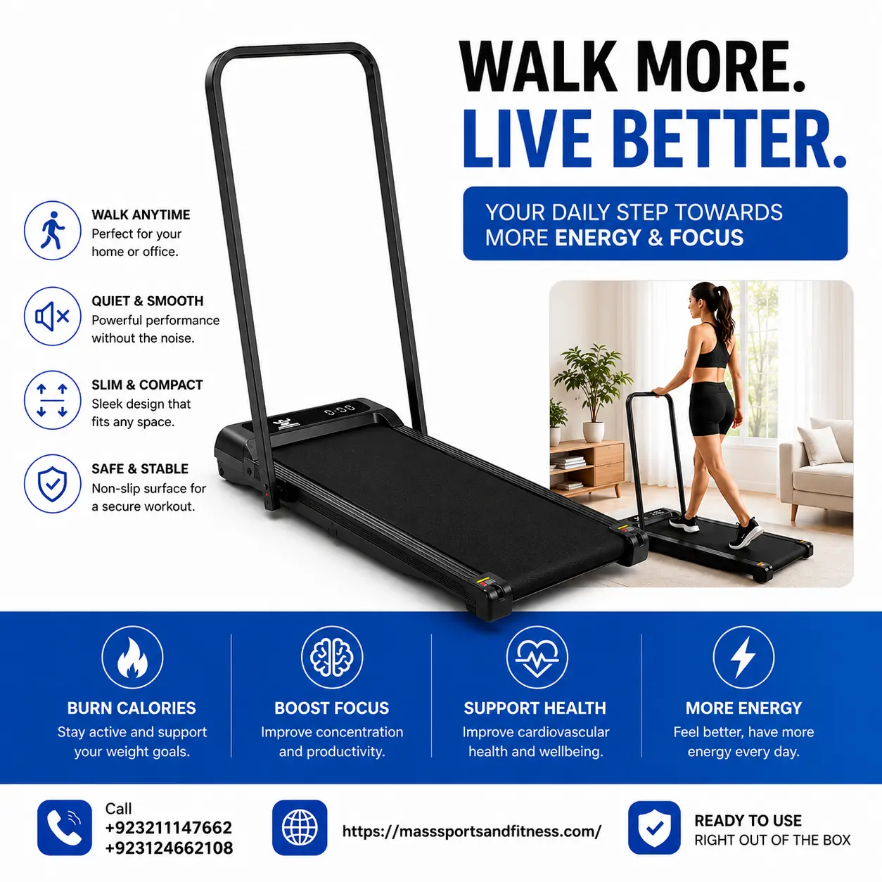 Walk More, Live Better infographic highlighting quiet performance, slim design, non-slip safety and calorie, focus and energy benefits