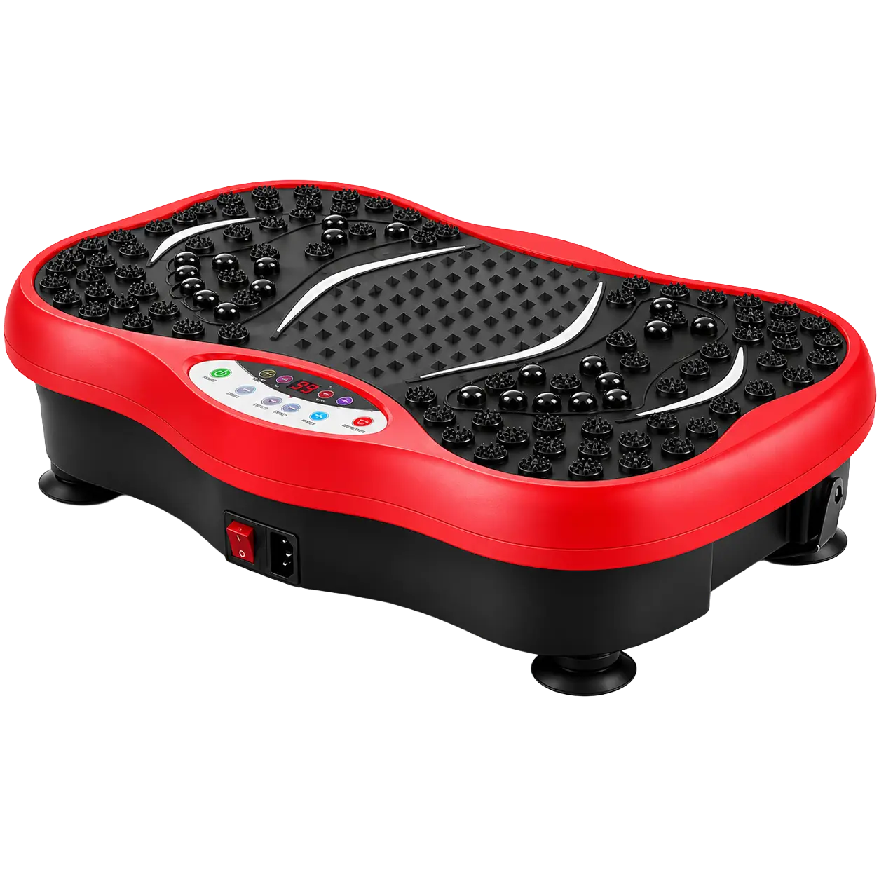 Angled high-angle studio shot of the red and black body vibration machine highlighting its textured non-slip massage surface, ergonomic control panel, and sturdy rubber suction feet.