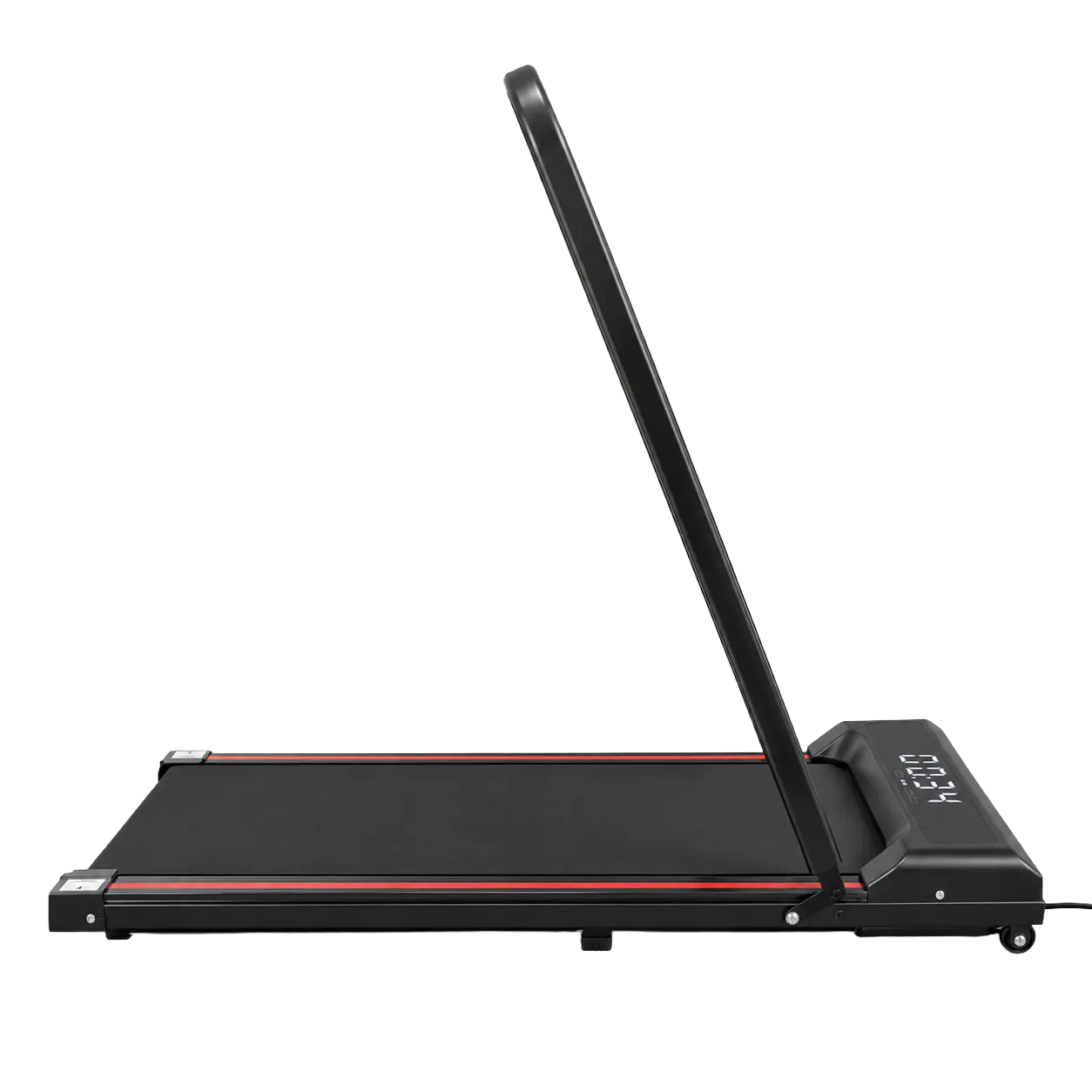 Side profile of the compact walking pad in its extended form with the upright support handlebar