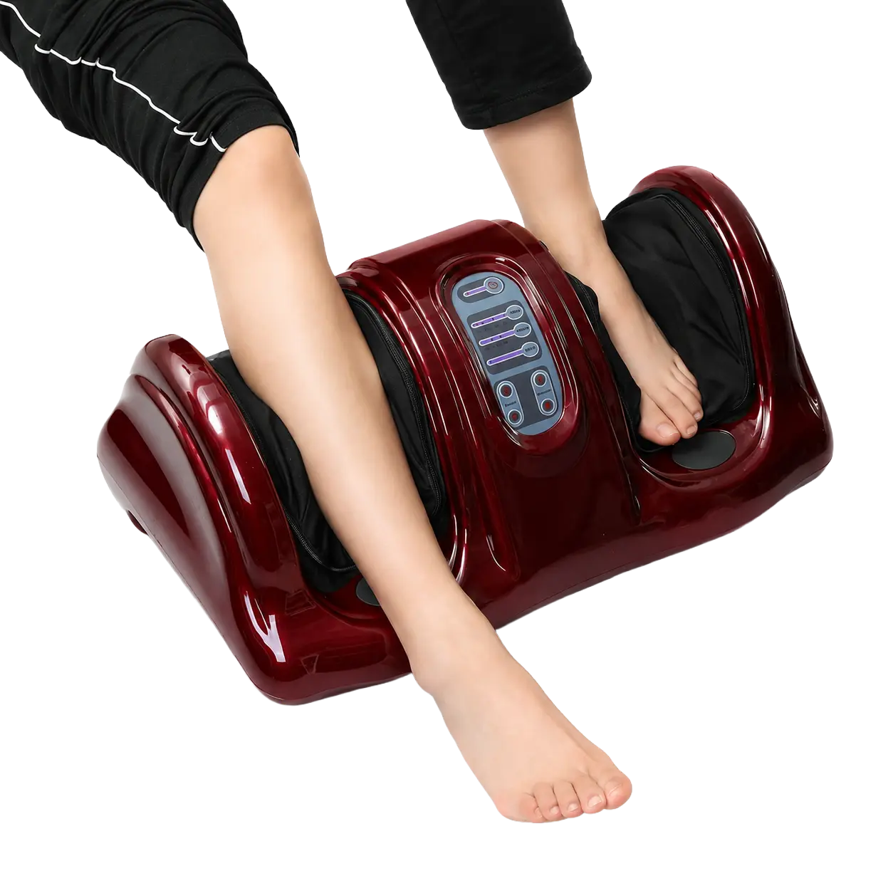 Person resting their feet and lower legs inside the burgundy heated foot and calf massager