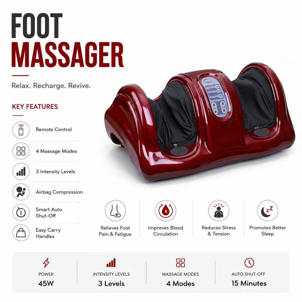 Feature infographic of the 45 W foot and leg massager showing remote control, 4 massage modes, 3 intensity levels and airbag compression