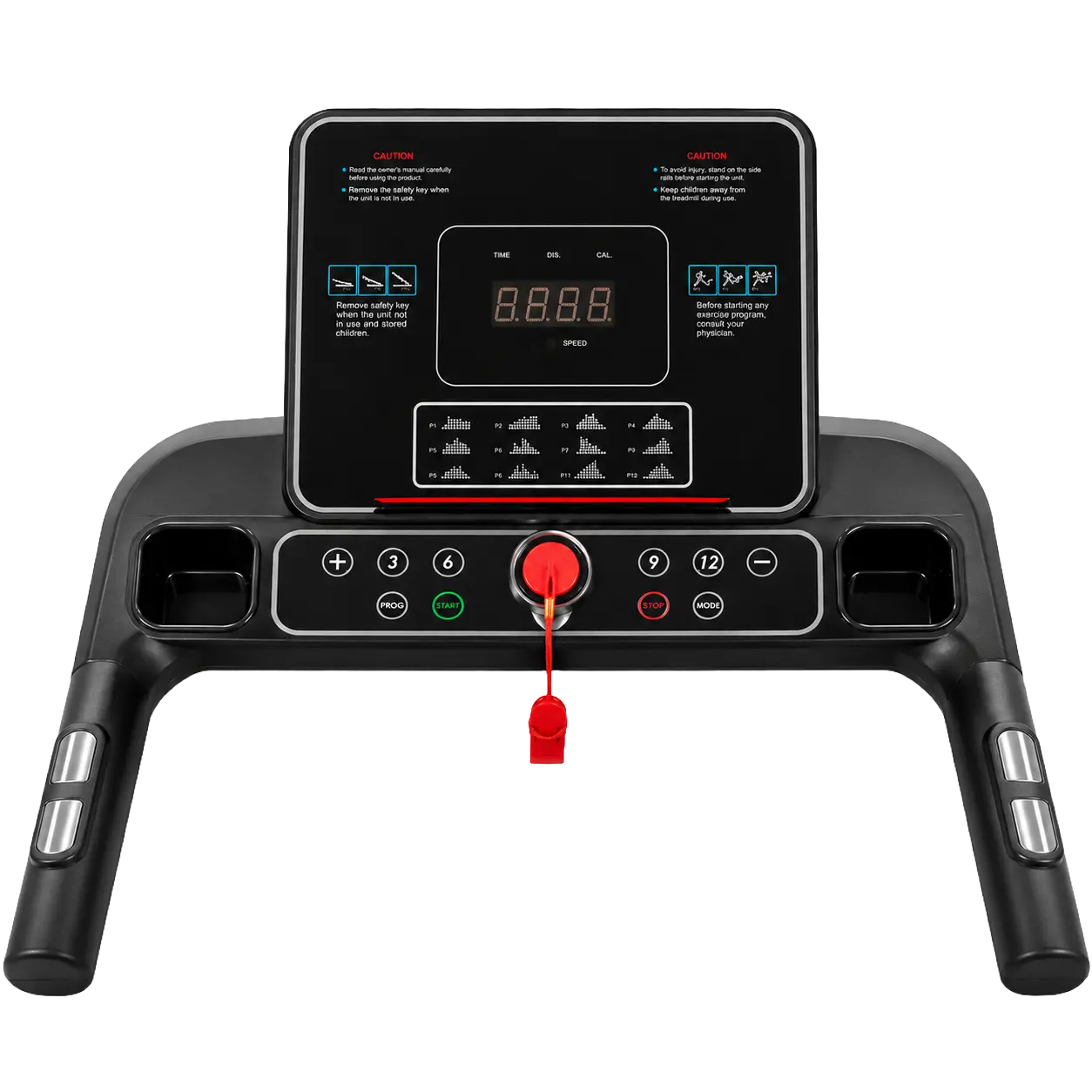 Detailed close-up of the treadmill's electronic console featuring a LED screen, speed adjustment buttons, cup holders, and a red safety emergency stop key.