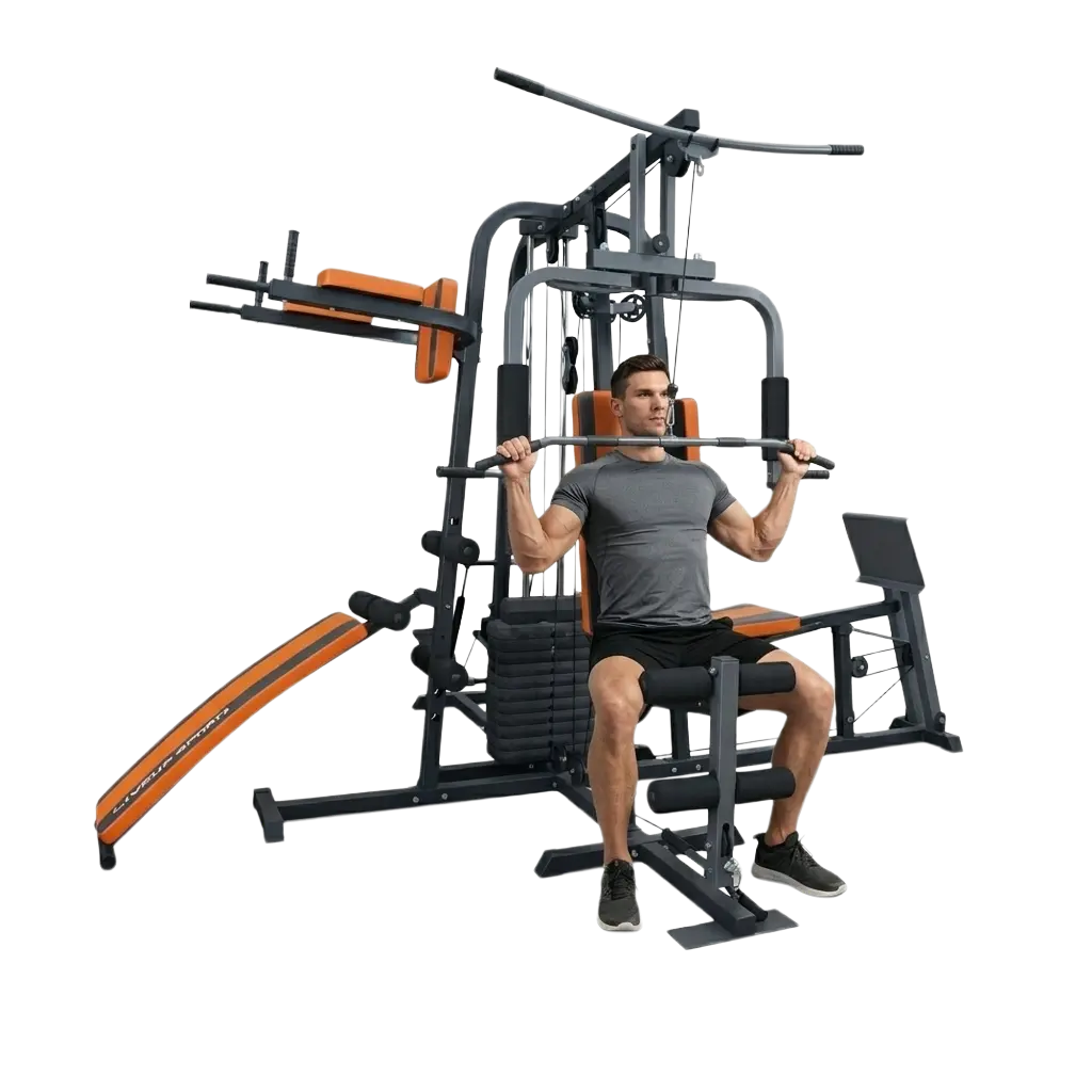 Male model performing lat pulldowns on the LiveUp LS1032 Multi-Gym