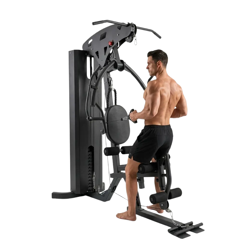 Male athlete performing a seated cable row using the low pulley station