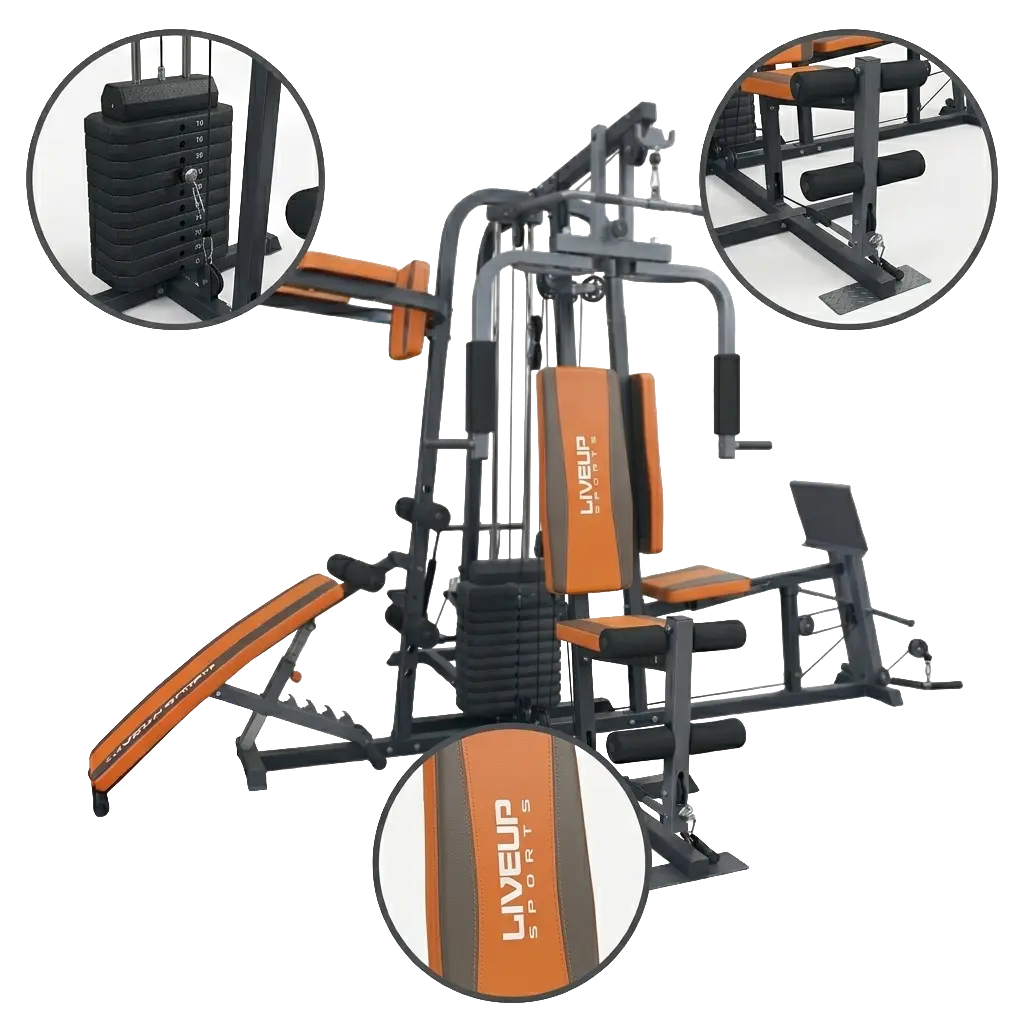Feature highlights of LiveUp LS1032: including weight stack, leg developer, and premium branded upholstery