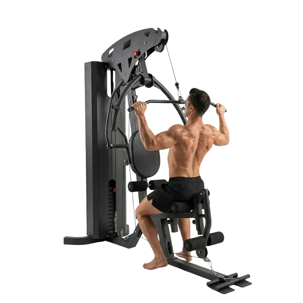 Male athlete performing a wide-grip lat pulldown on the home gym