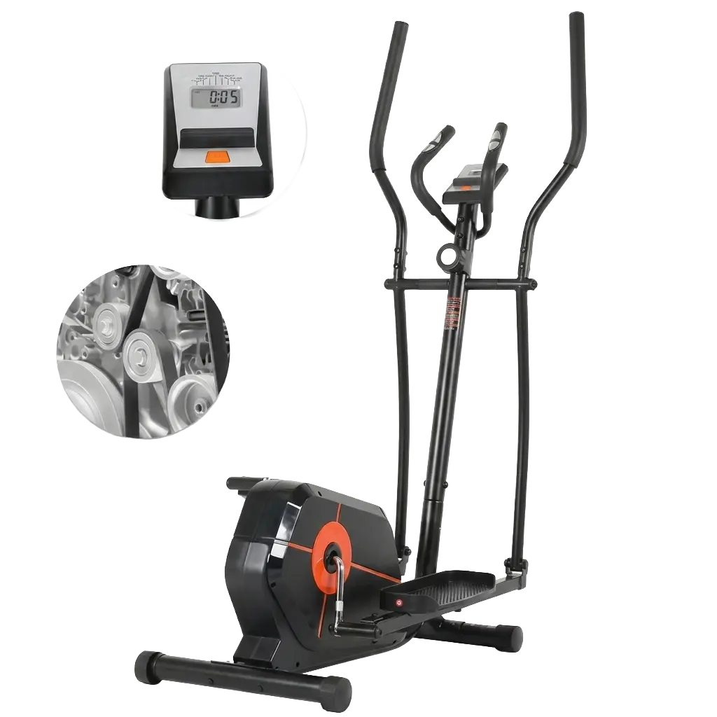 E569 elliptical trainer product highlights showing the console and internal drive