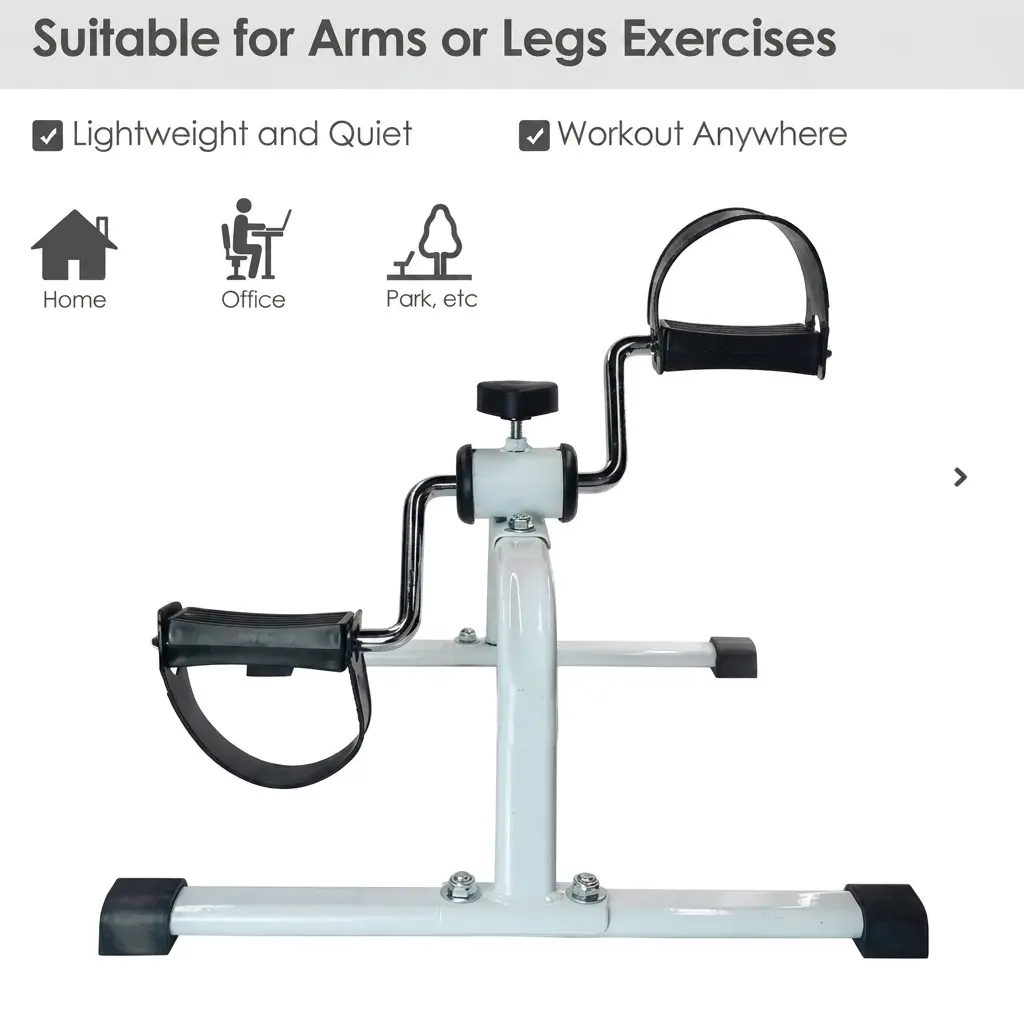 Product information graphic showing the pedal exerciser for arm and leg exercises at home and the office