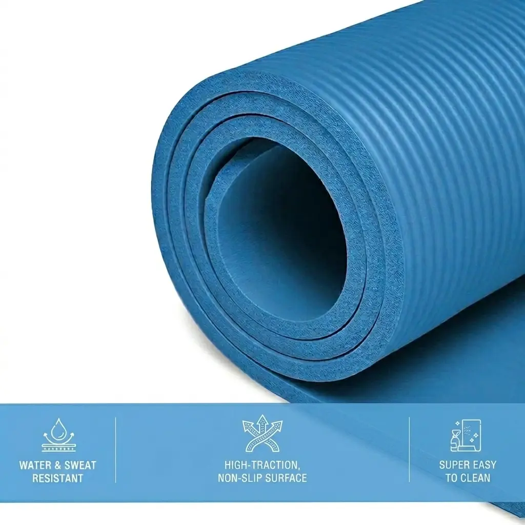 Close-up of rolled blue yoga mat with feature icons: Water & Sweat Resistant, Non-Slip Surface, and Easy to Clean on a blue banner.