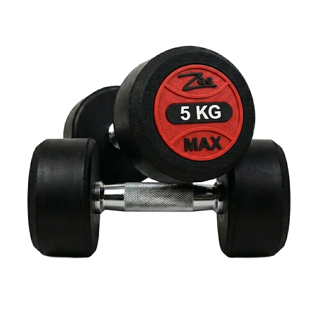 Close-up front view of a 5kg dumbbell head showcasing the red Zee Max logo and textured rubber finish.