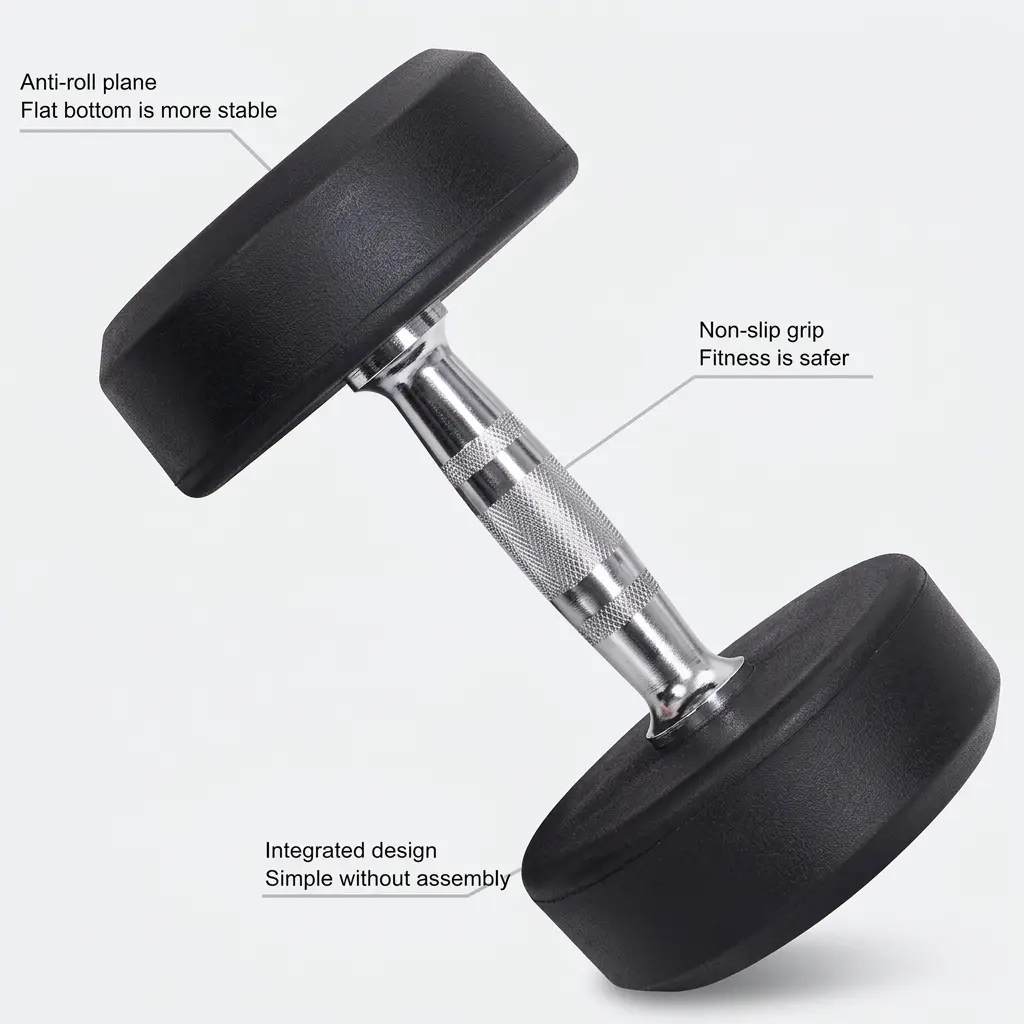 Dumbbell feature diagram highlighting the anti-roll flat bottom, non-slip knurled grip, and integrated assembly-free design.