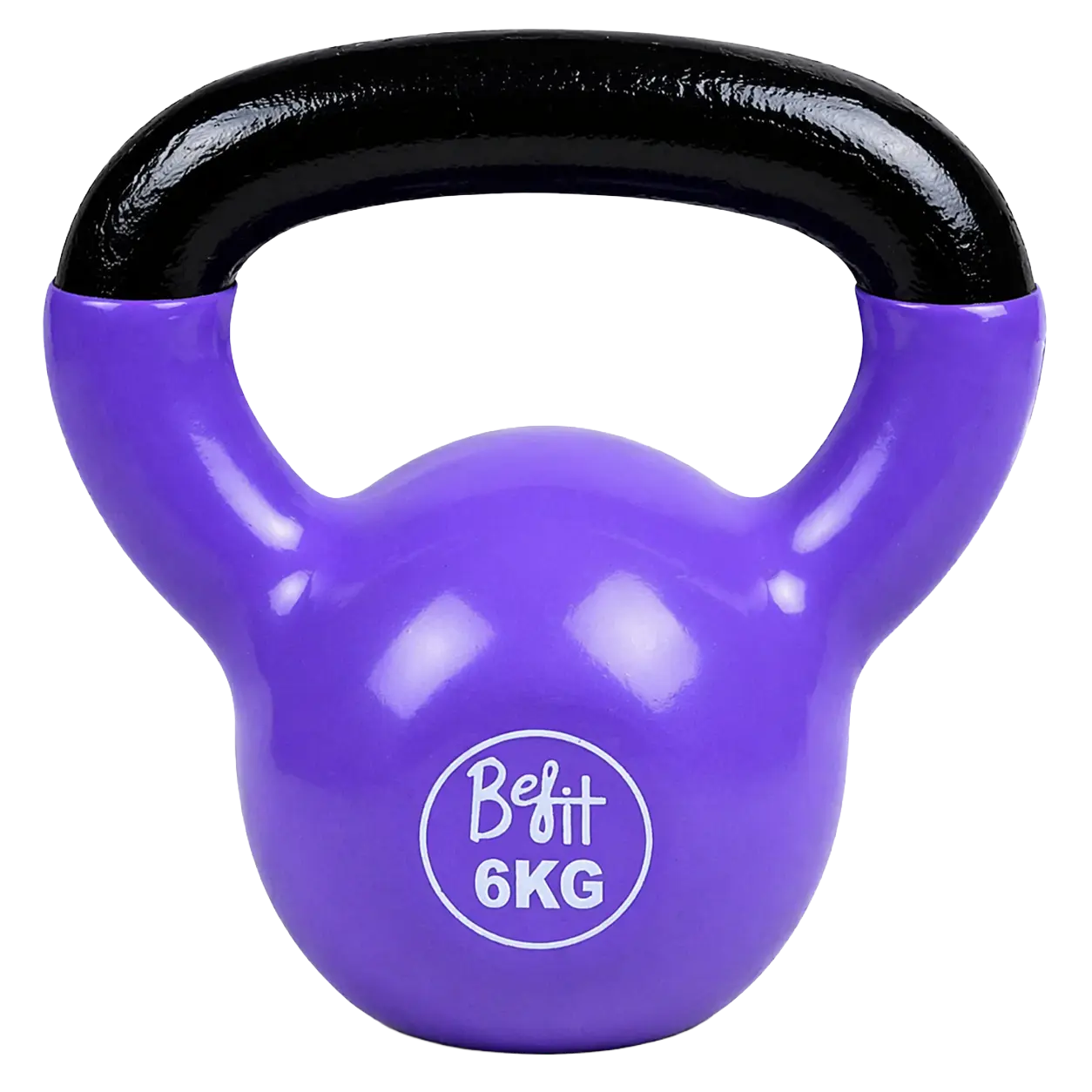 Front view of Befit 6KG vinyl-coated kettlebell in purple with black handle