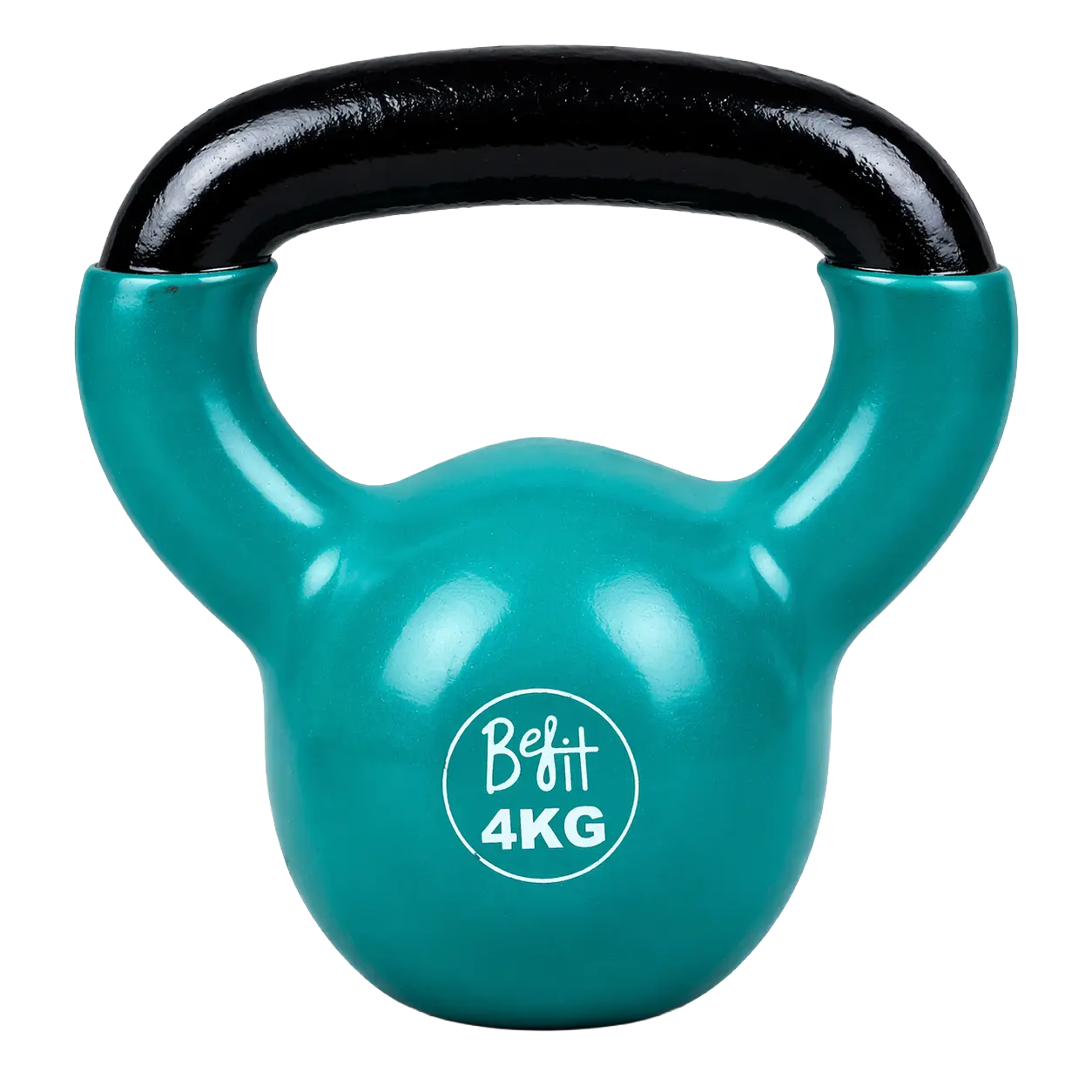 Front view of Befit 4KG vinyl-coated kettlebell in teal with black handle