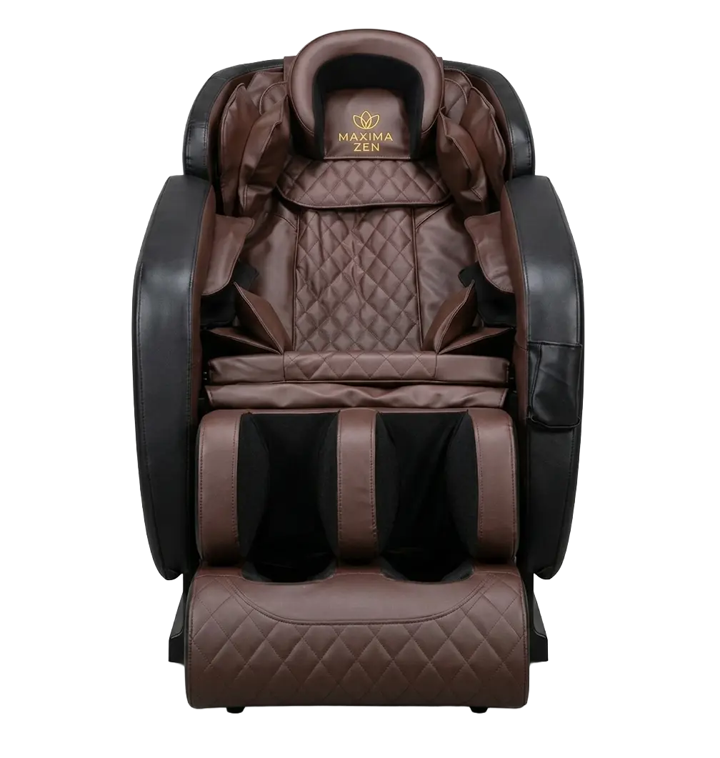 Straight-on front view of the Maxima Zen massage chair showing the diamond-stitch interior and headrest