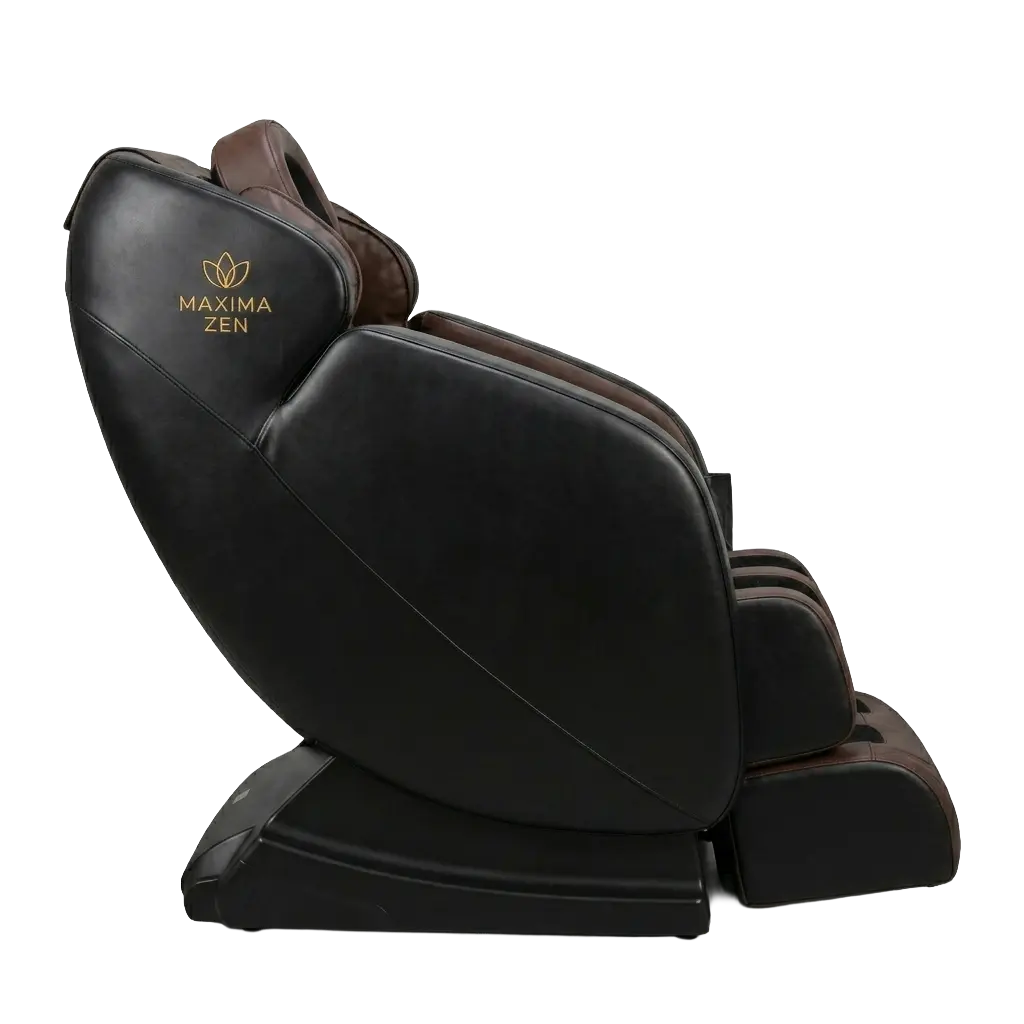 Side profile view of the Maxima Zen massage chair highlighting the ergonomic curved design and gold logo