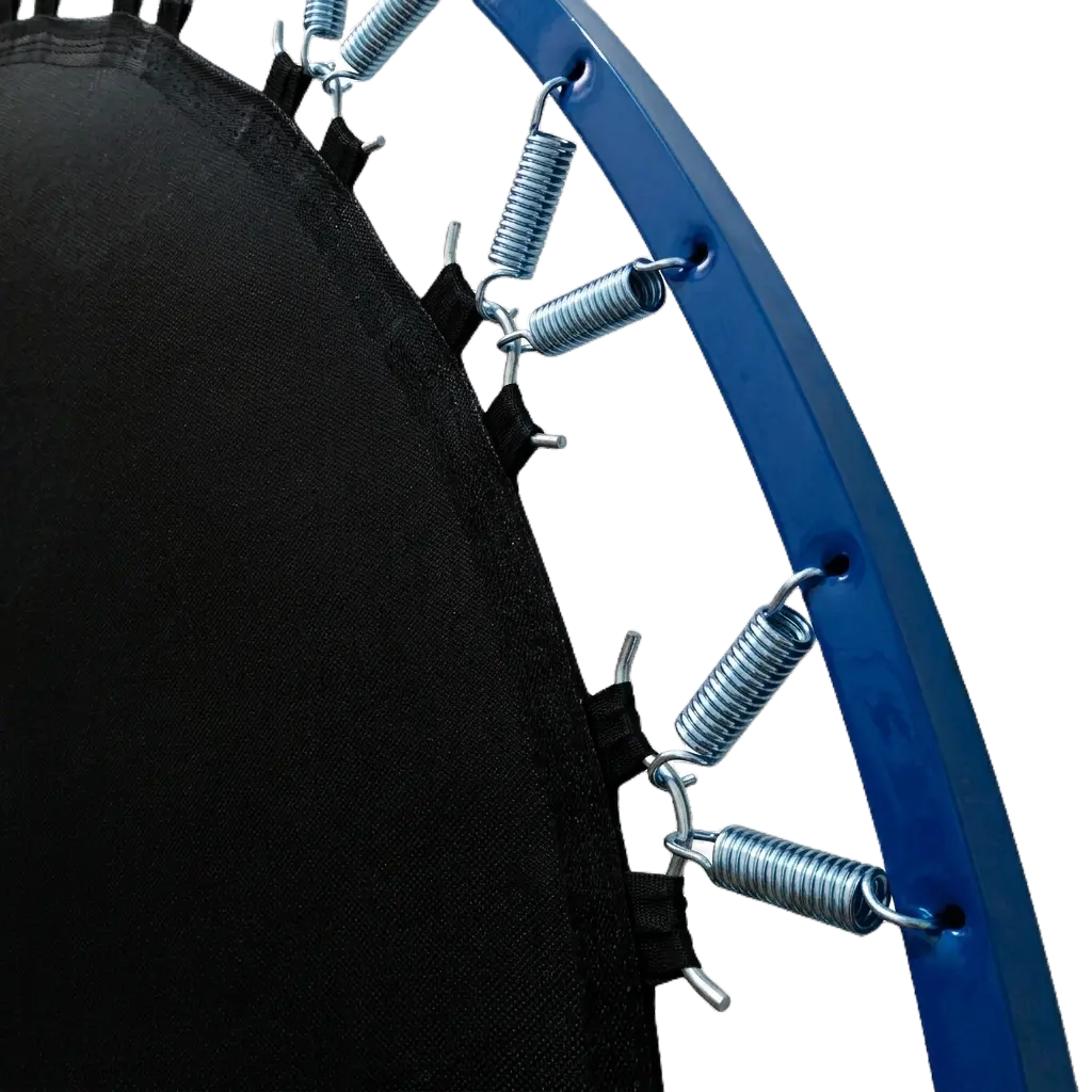 Close-up of trampoline springs and blue frame attachment