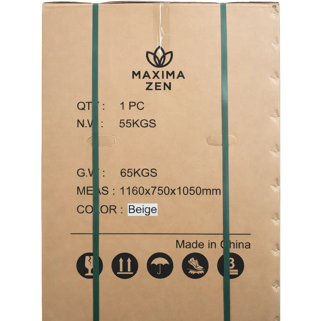 Shipping carton for the Maxima Zen massage chair showing weight specifications of 65kg and beige color label