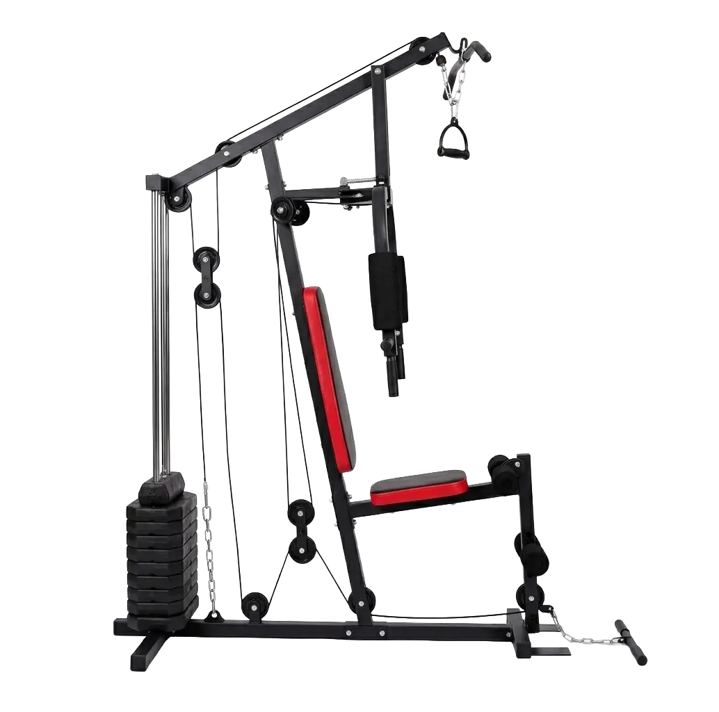 Universal Home Gym Side Geometry showing Pulley Alignment and Seat Padding