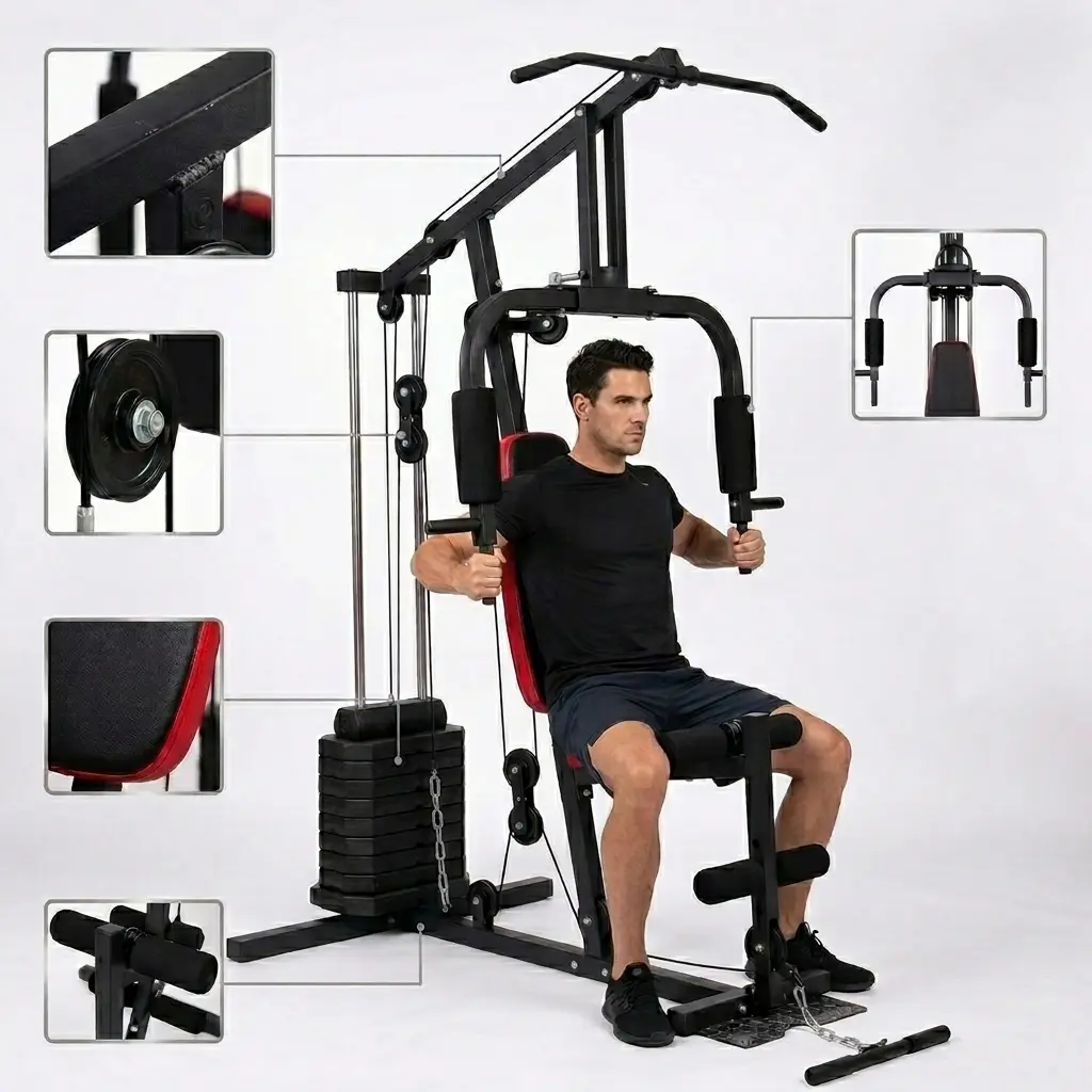 Multi-Functional Gym Infographic - Pulley System and Build Quality Breakdown