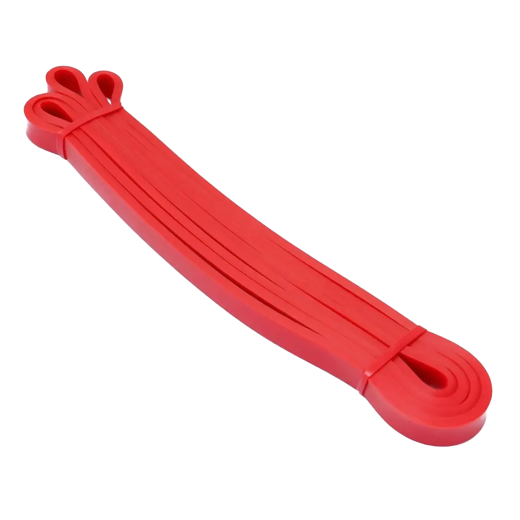 Close-up view of the red medium-resistance band, highlighting the durable latex material and looped design.