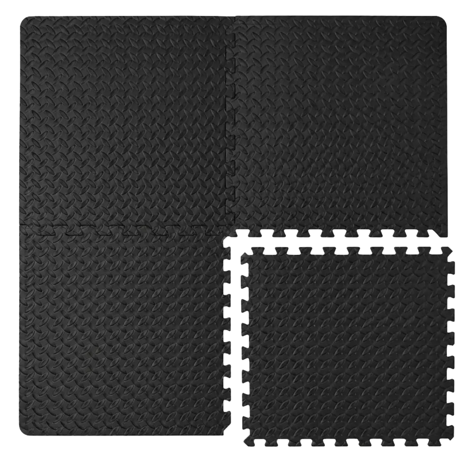 Four-piece black gym flooring mat set laid flat to display seamless interlocking coverage and textured anti-slip finish.