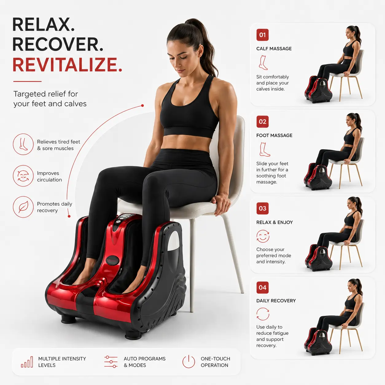 Infographic showing a woman using the foot and calf massager with step-by-step calf and foot massage guidance