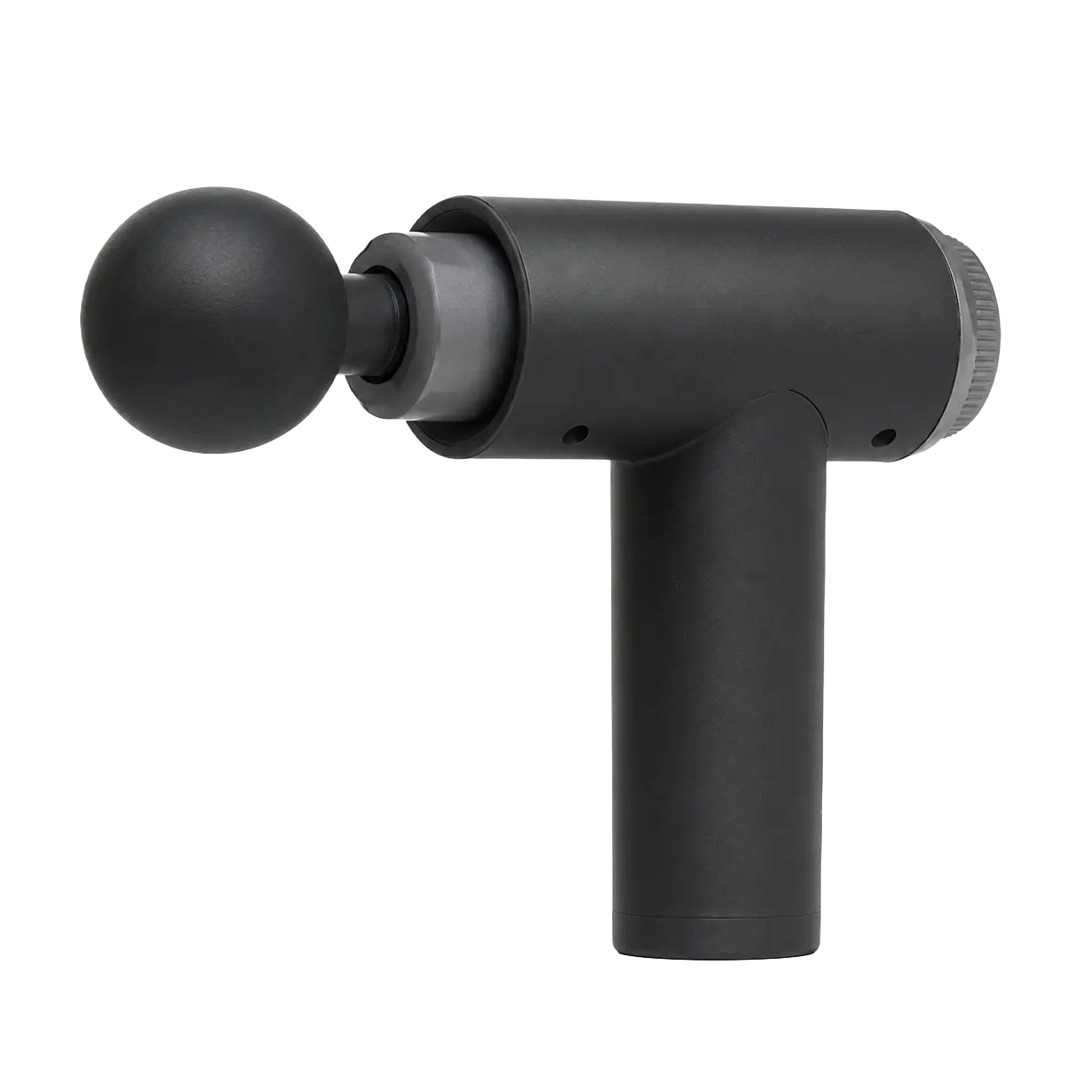 Side view of the matte mini massage gun fitted with a round massage head