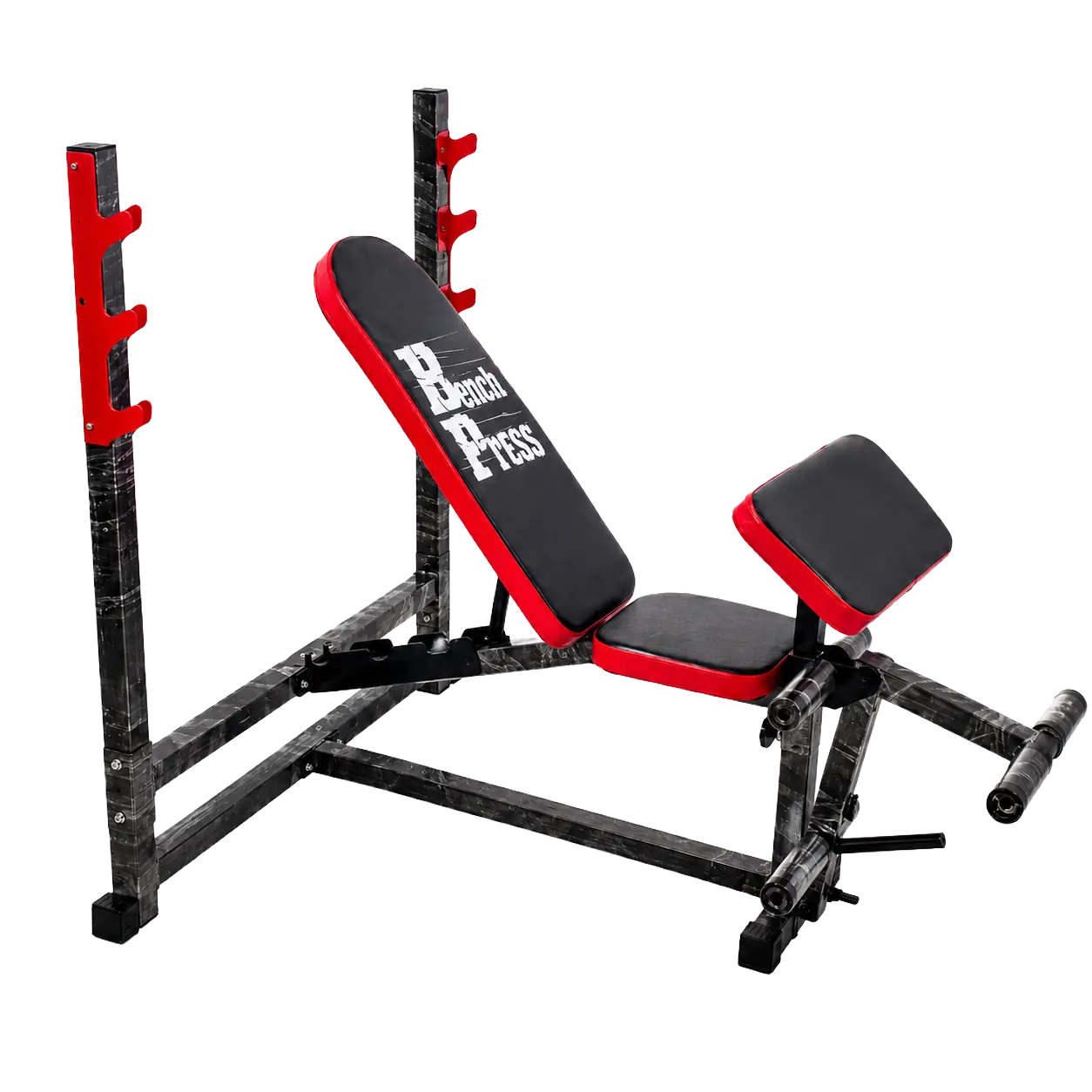 Male athlete performing an incline barbell bench press on the multi-function weight bench with barbell rack