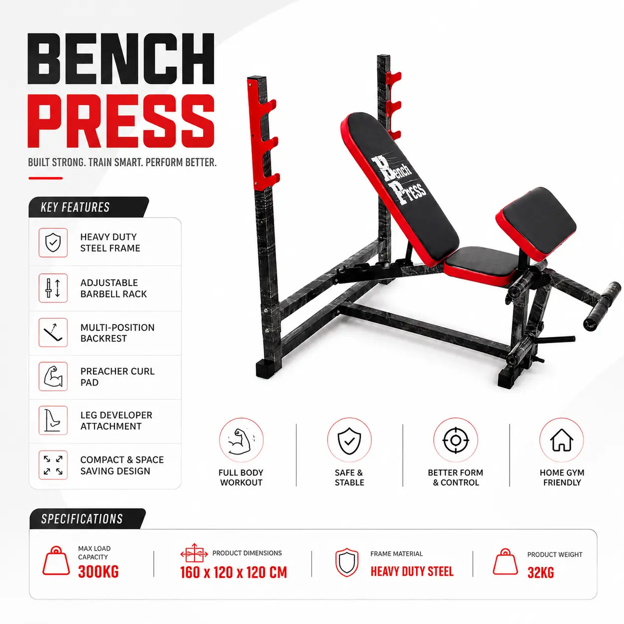 Specification chart showing 300 kg max load, 160 x 120 x 120 cm size, heavy-duty steel frame and 32 kg weight