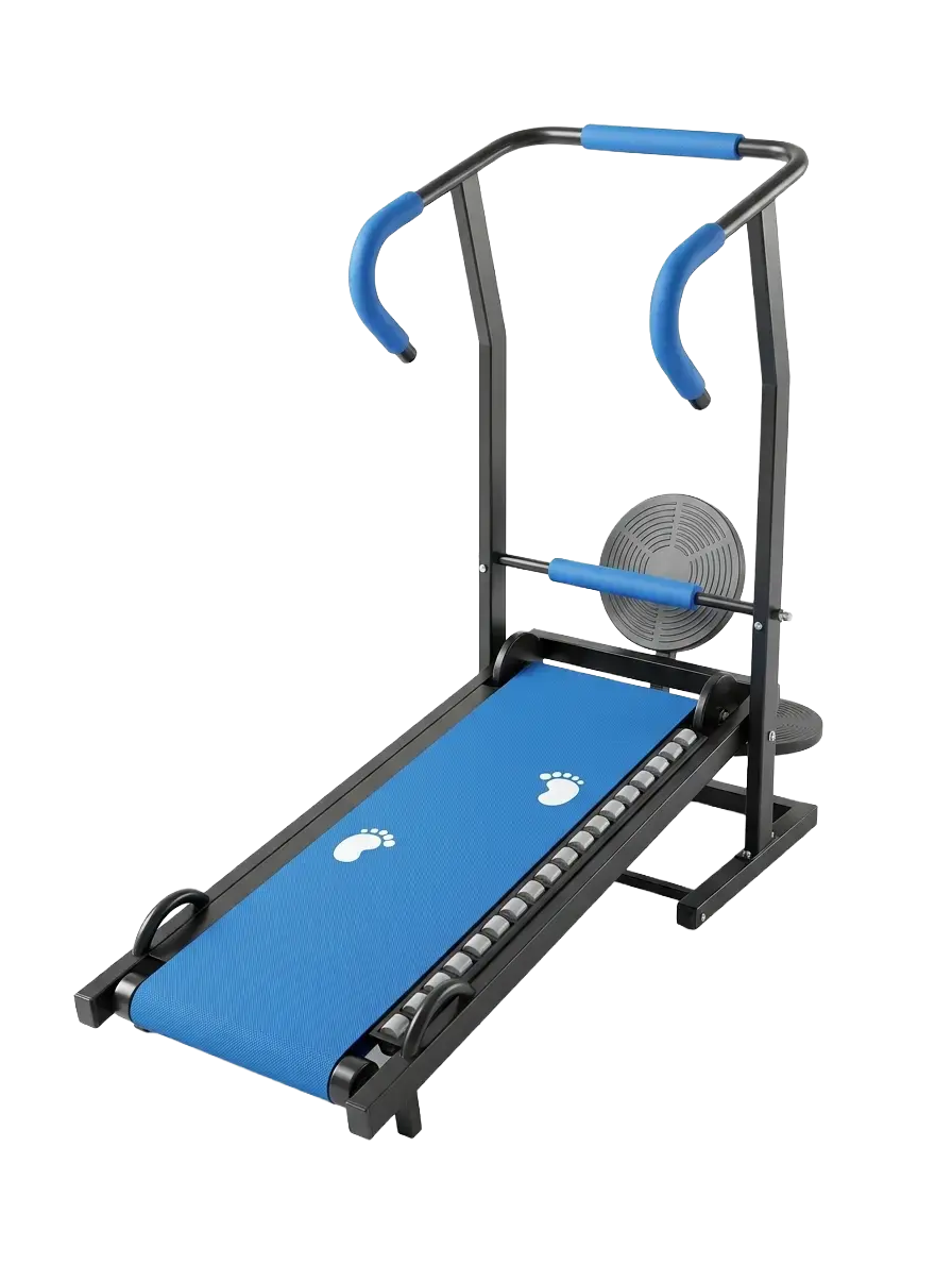 Front perspective view of the compact manual fitness treadmill displaying the dual curved handlebars.