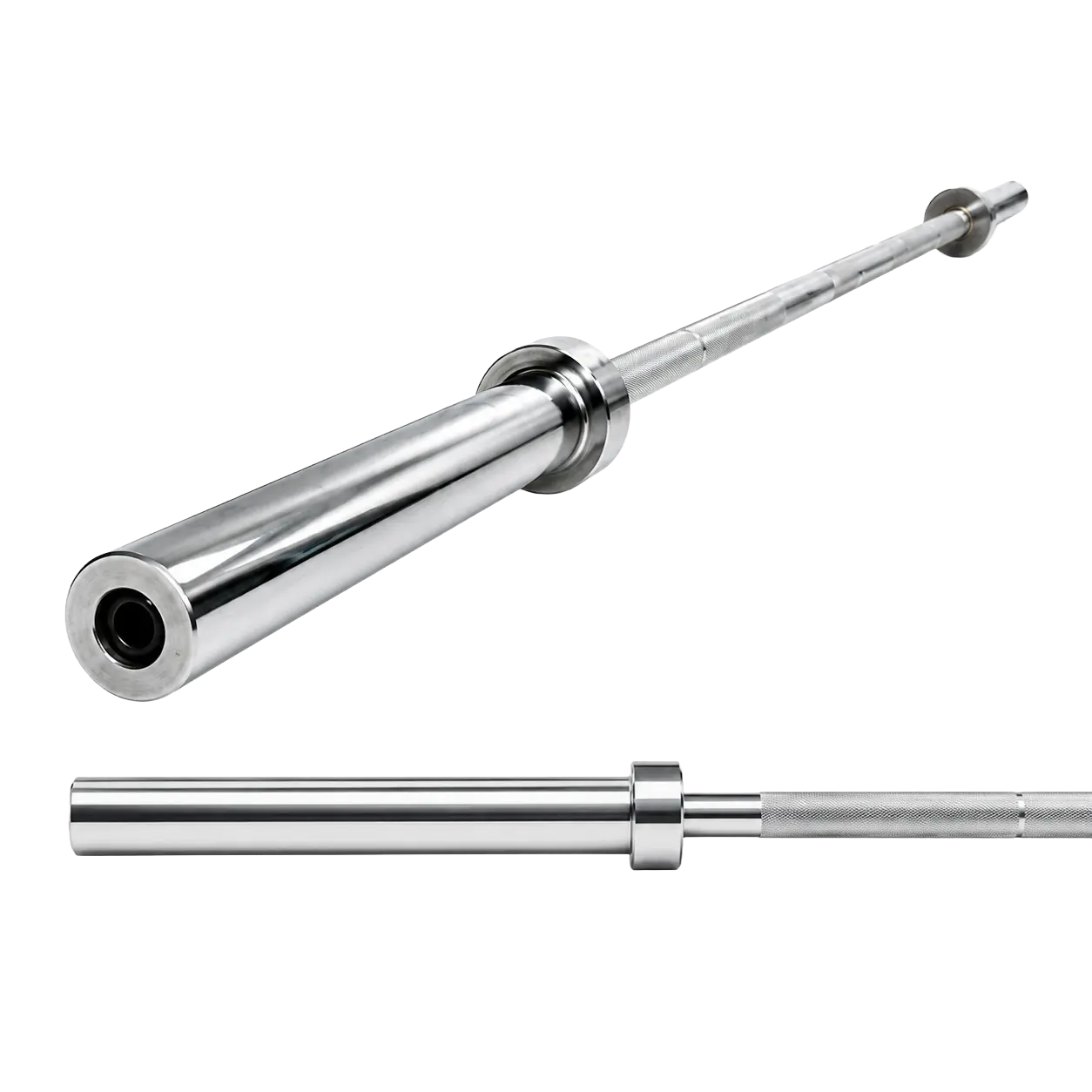 Split view showcasing a perspective shot of the barbell's sleeve end and a straight profile of the sleeve assembly.