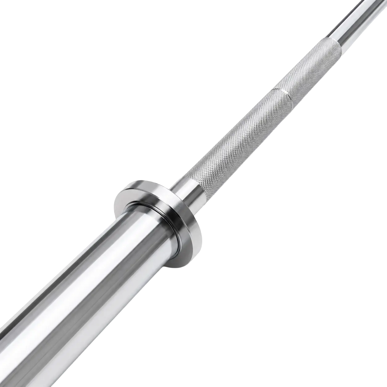 Close-up of the barbell's outer knurled grip pattern meeting the smooth raised collar of the chrome weight sleeve.