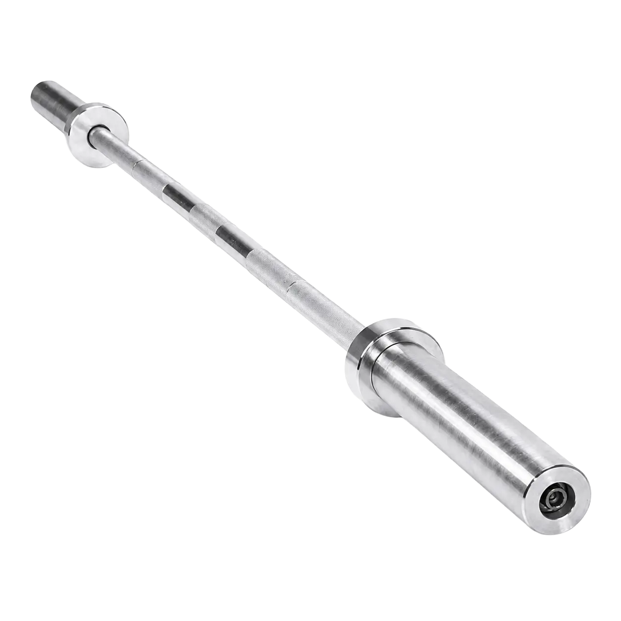 Angled full-length perspective of a solid steel Olympic barbell with detailed dual ring knurling marks on the shaft.