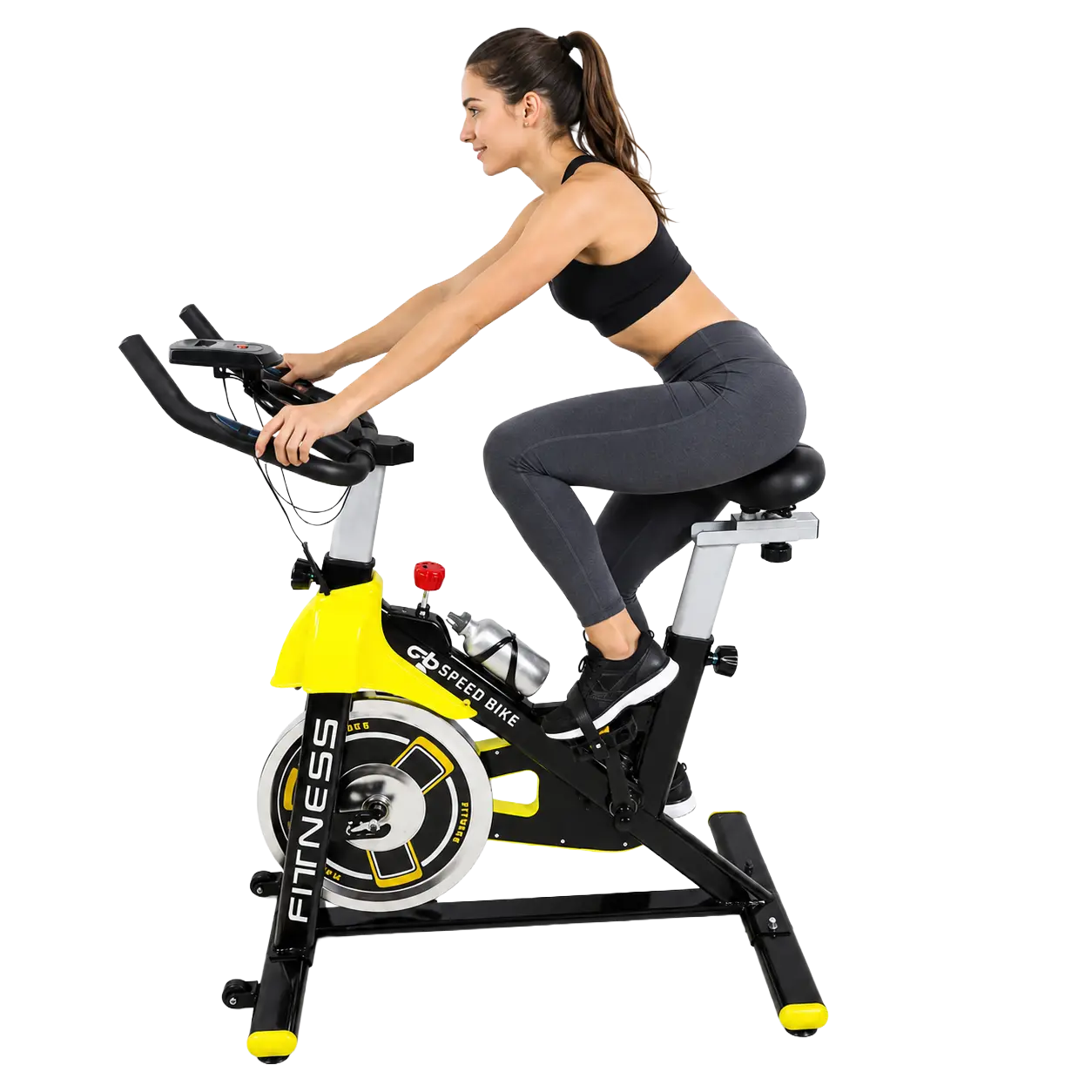 Female rider training on the yellow and black indoor spin bike with proper cycling posture