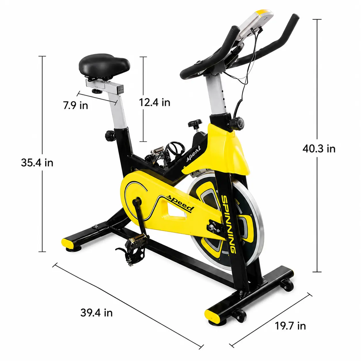 Indoor spin bike shown with dimension lines and labels highlighting its compact footprint
