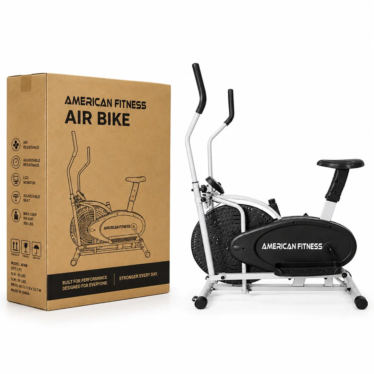 American Fitness 8.2-A Orbit 2-in-1 air bike beside its cardboard packaging box