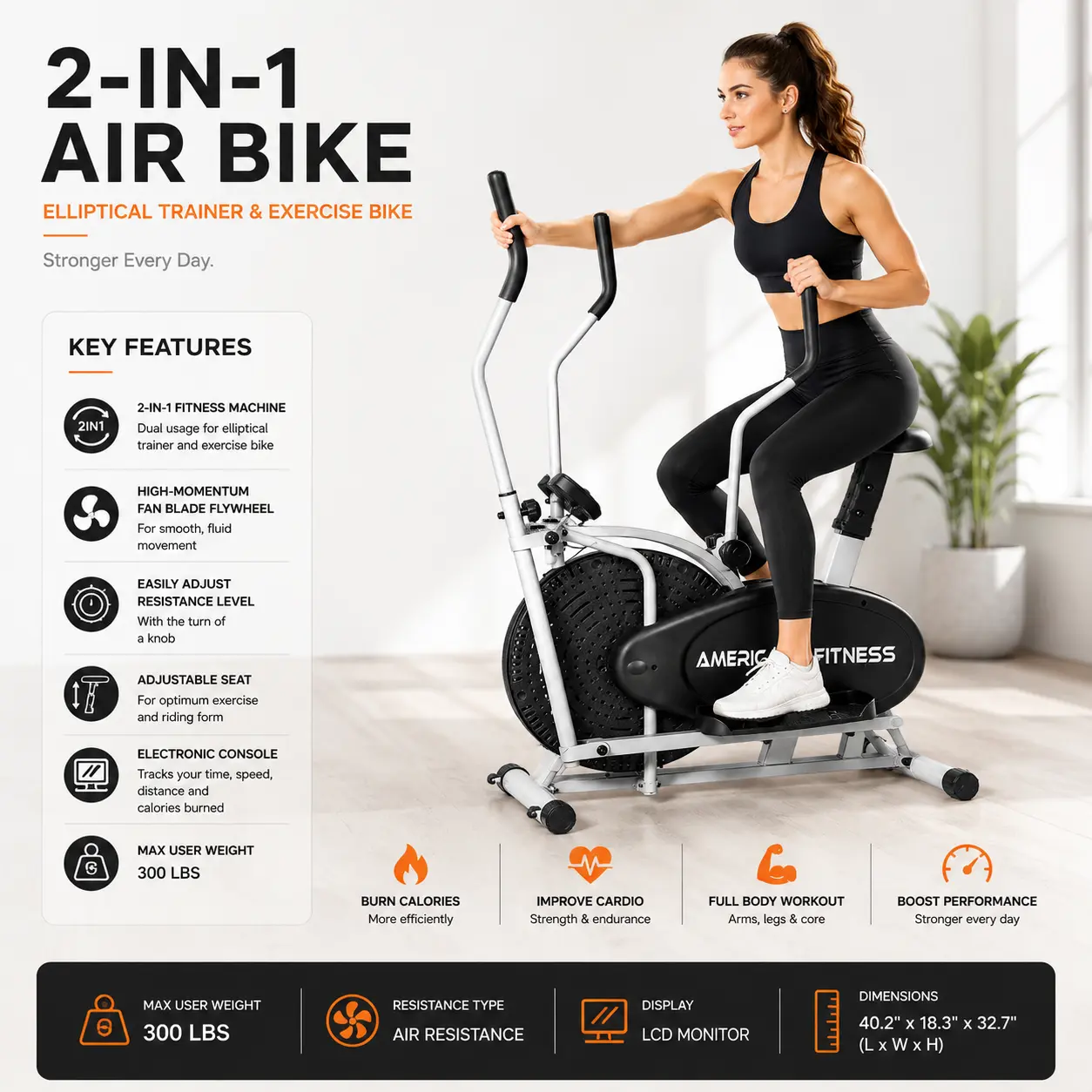 Feature infographic of the American Fitness 8.2-A Orbit with a woman training and key specifications listed