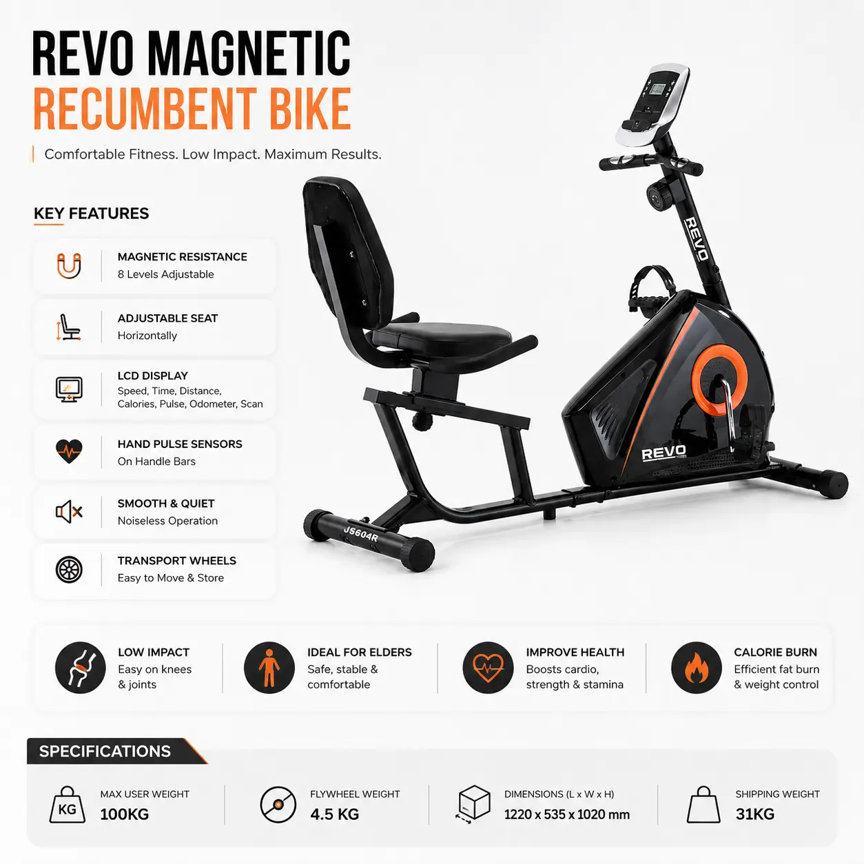 Feature infographic for the Revo JS-604R showing magnetic resistance, LCD console, adjustable seat and balanced flywheel