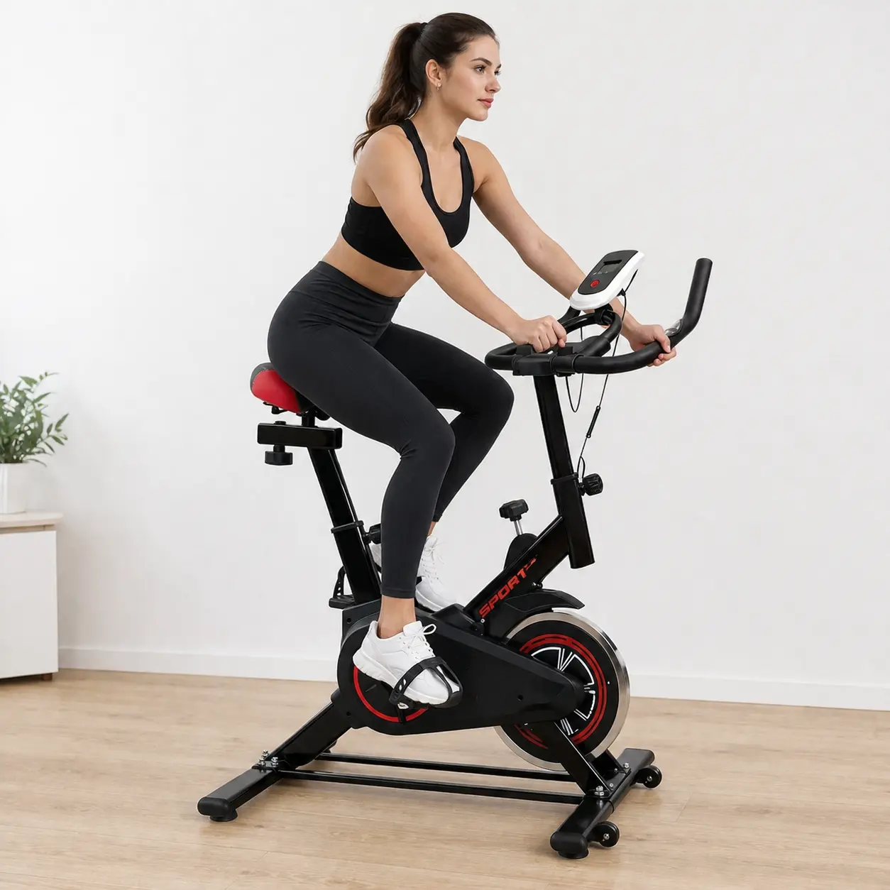 Woman in athletic wear training on the black and red Galecon upright exercise bike
