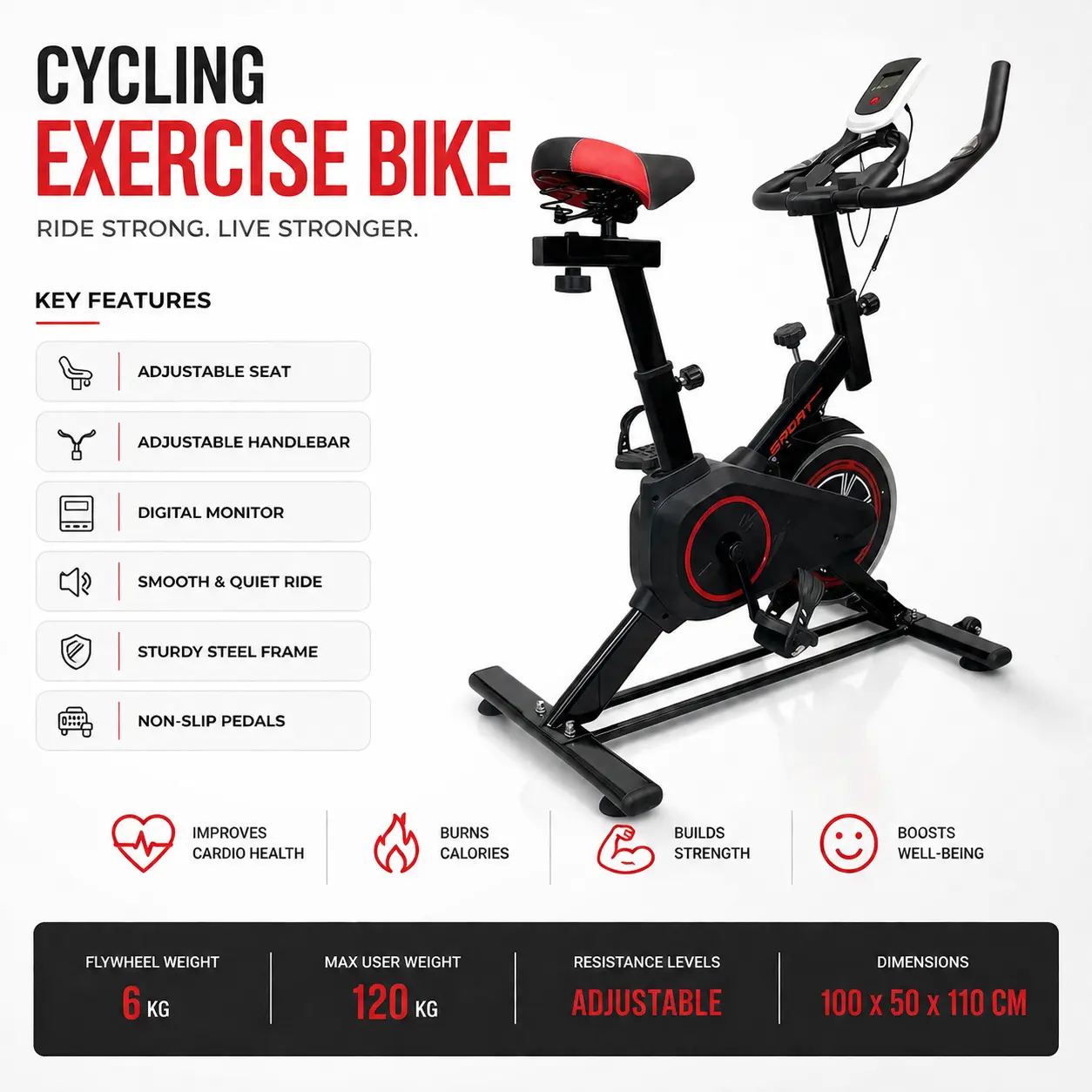 Marketing infographic highlighting the Galecon exercise bike's key features and specifications