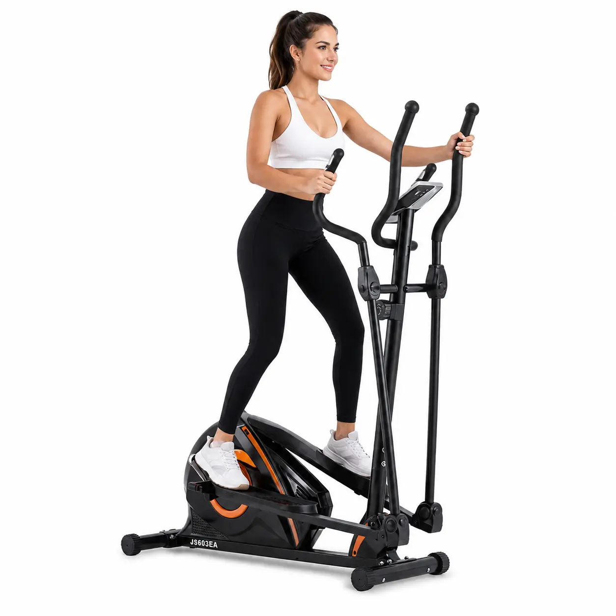 Fitness user training on the Revo JS603EA magnetic elliptical and upright bike at home