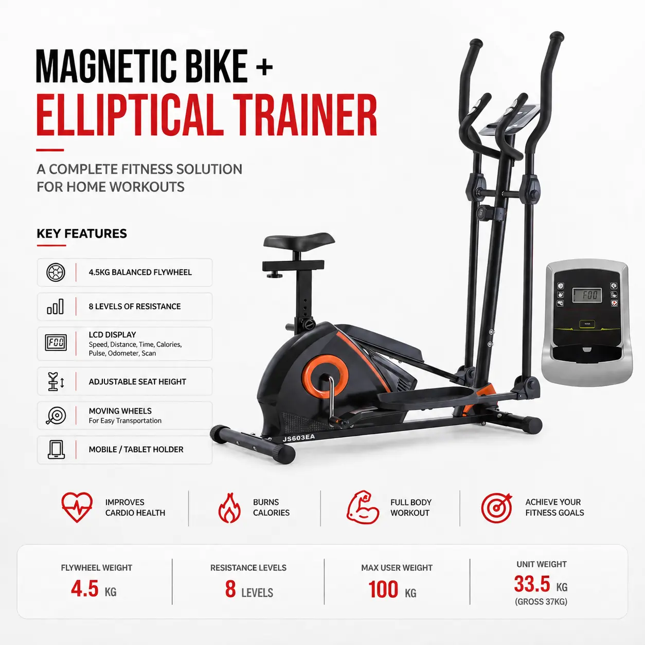 Infographic of the Revo JS603EA showing its 4.5 kg flywheel, 8 resistance levels and LCD console