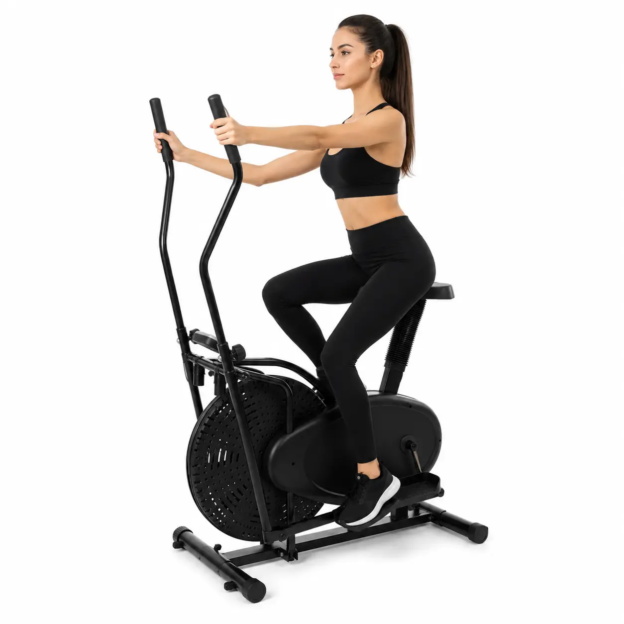 A lifestyle image showing a woman in athletic wear working out on the Orbitrac ET-ORB 16 elliptical bike against a white background.