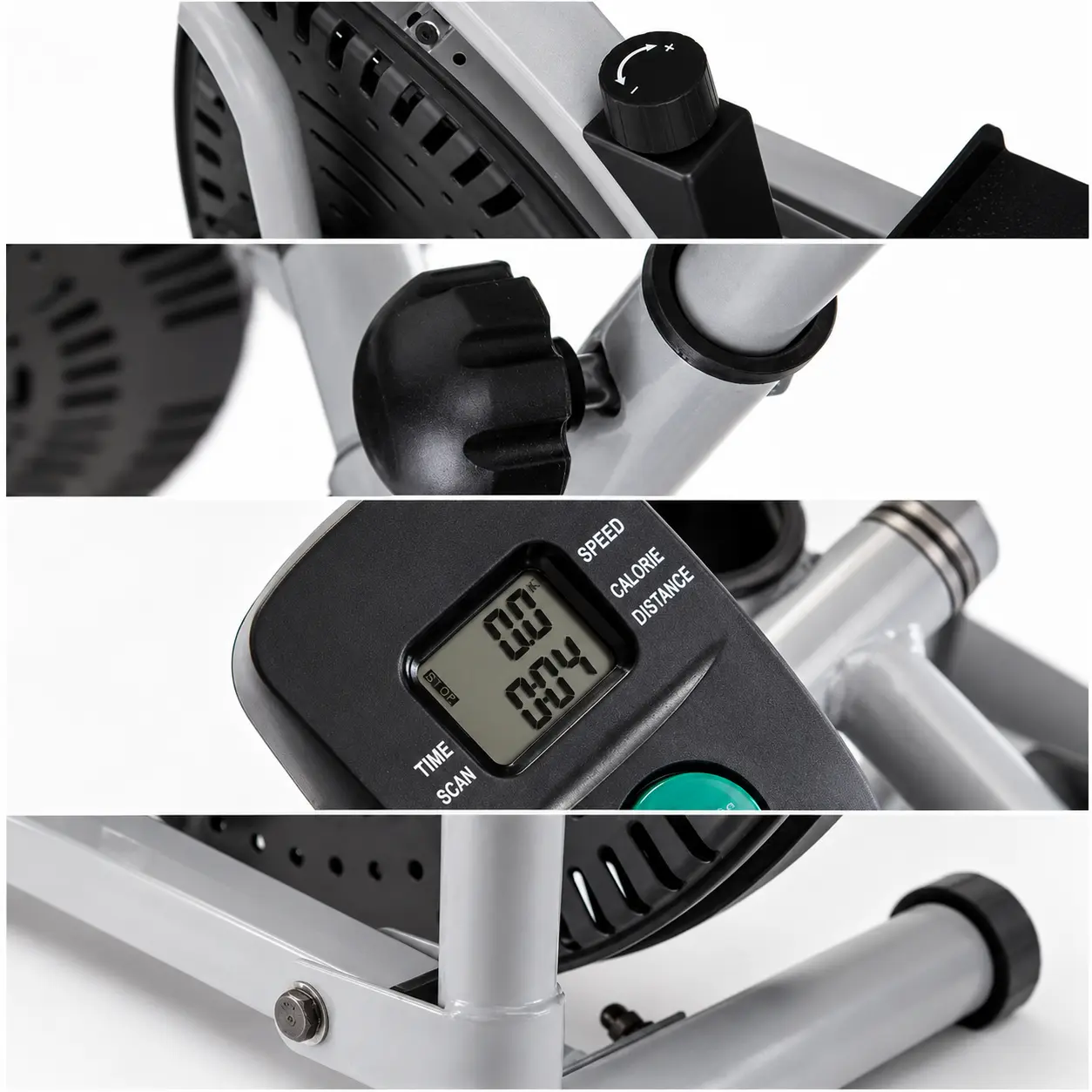 Multi-panel macro view detailing the tension dial, adjustment knob, digital performance monitor, and base frame bolts of the silver model.
