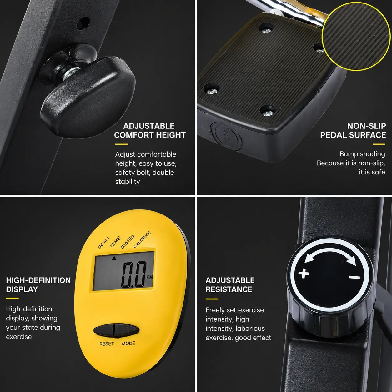 Feature panel: adjustable comfort-height bolt, non-slip pedals, high-definition display and adjustable resistance dial