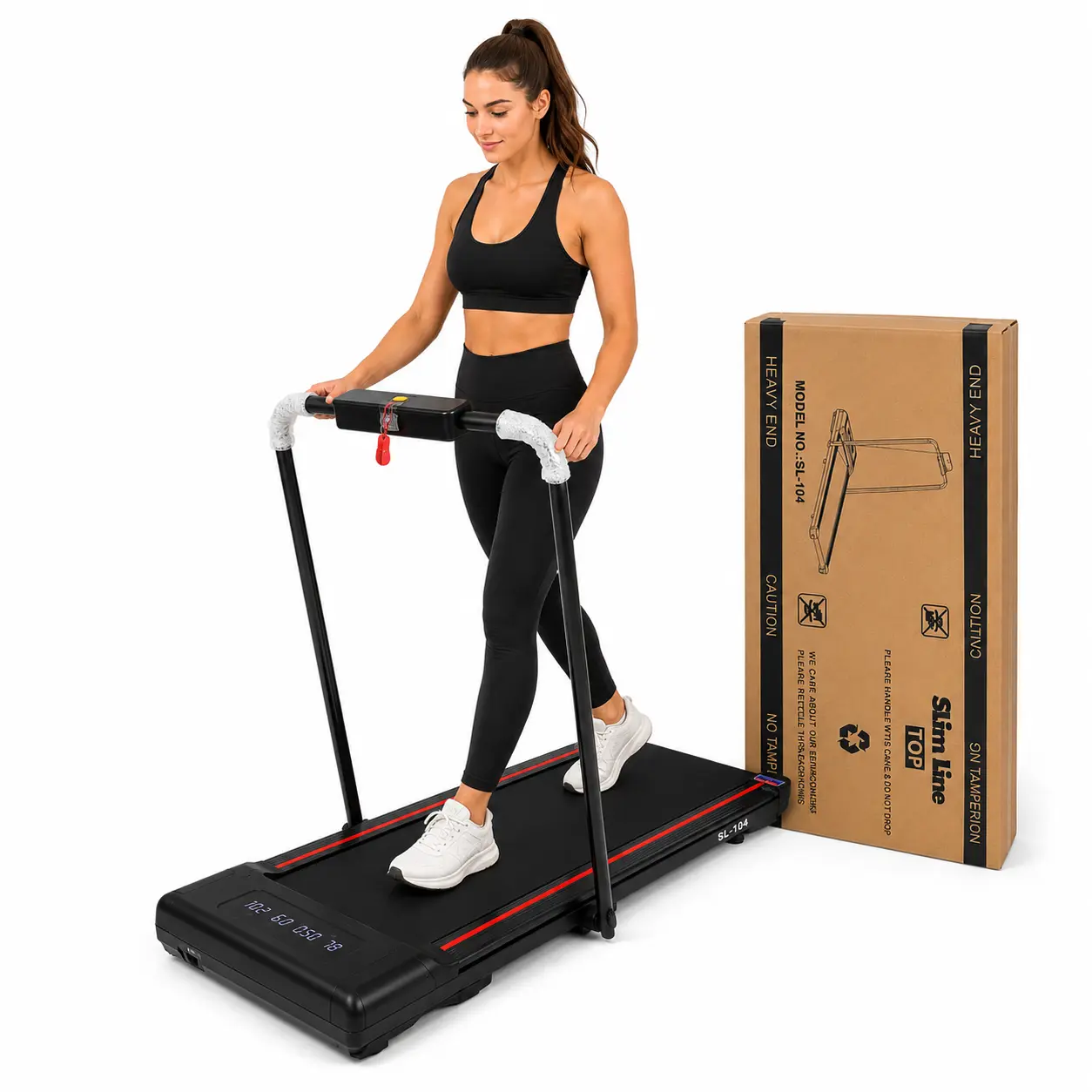 Woman walking on the Slimline SL-104 compact treadmill beside the folded unit