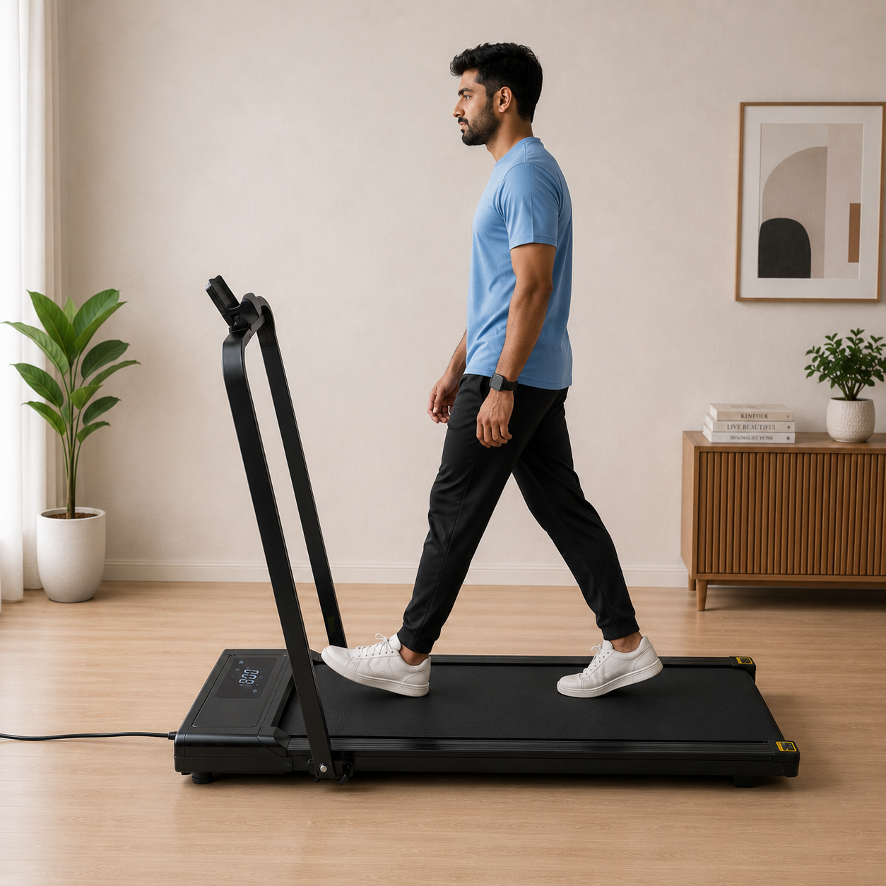 Man walking on the compact black walking pad in a bright modern living room home gym